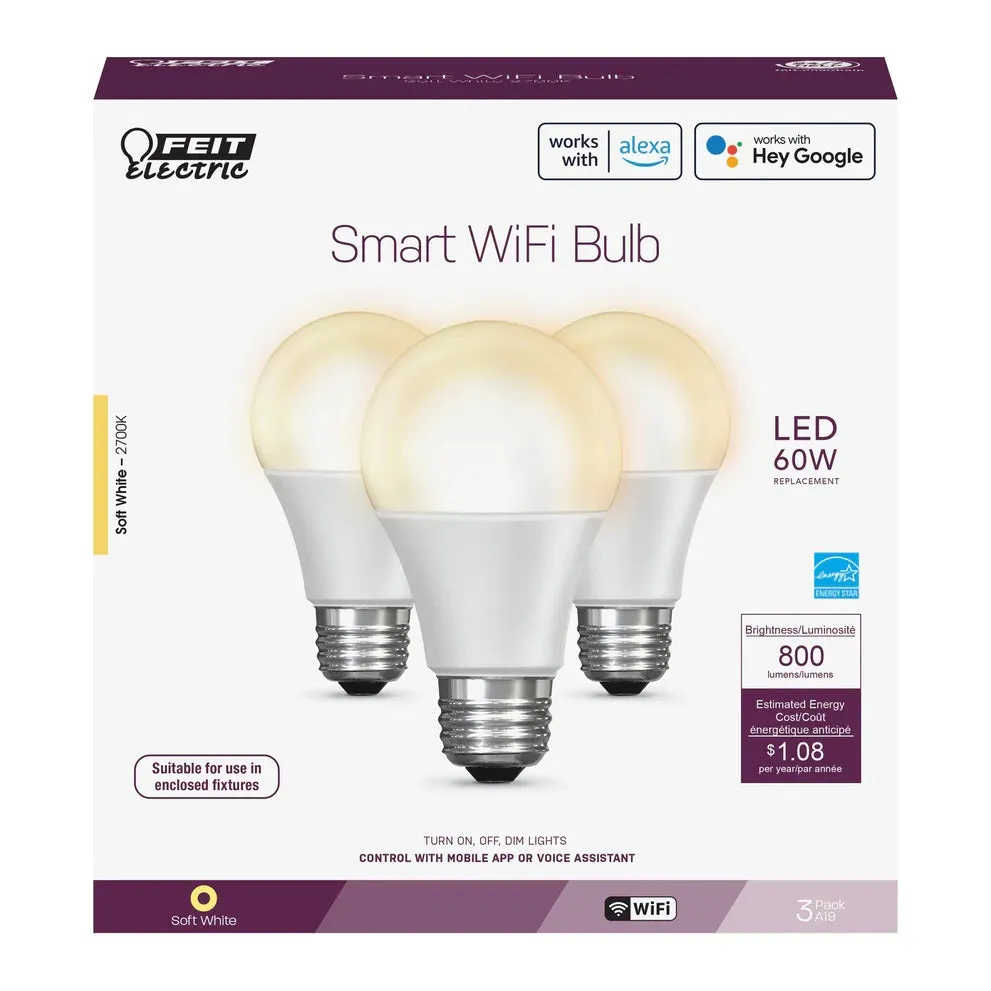 3-Pack 60W LED A19 Smart WiFi Bulbs OM60/9