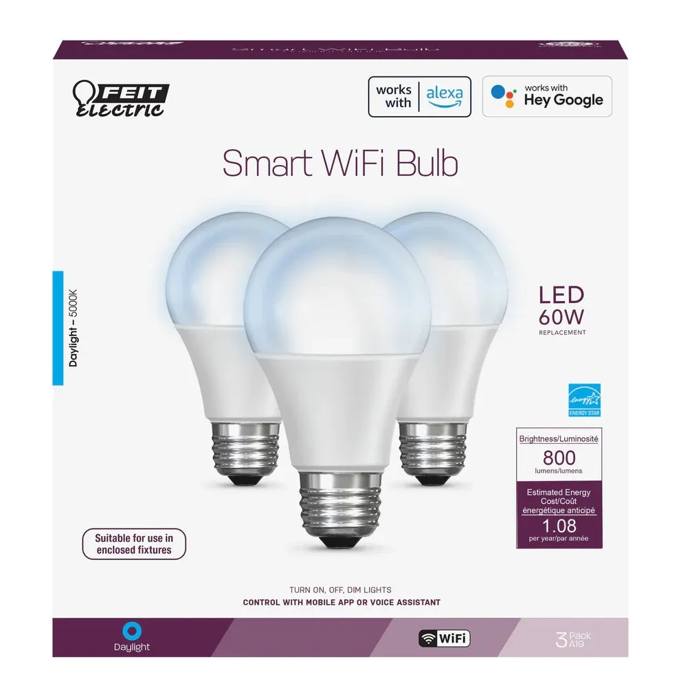 3-Pack 60W LED A19 Smart WiFi Bulbs OM60/9