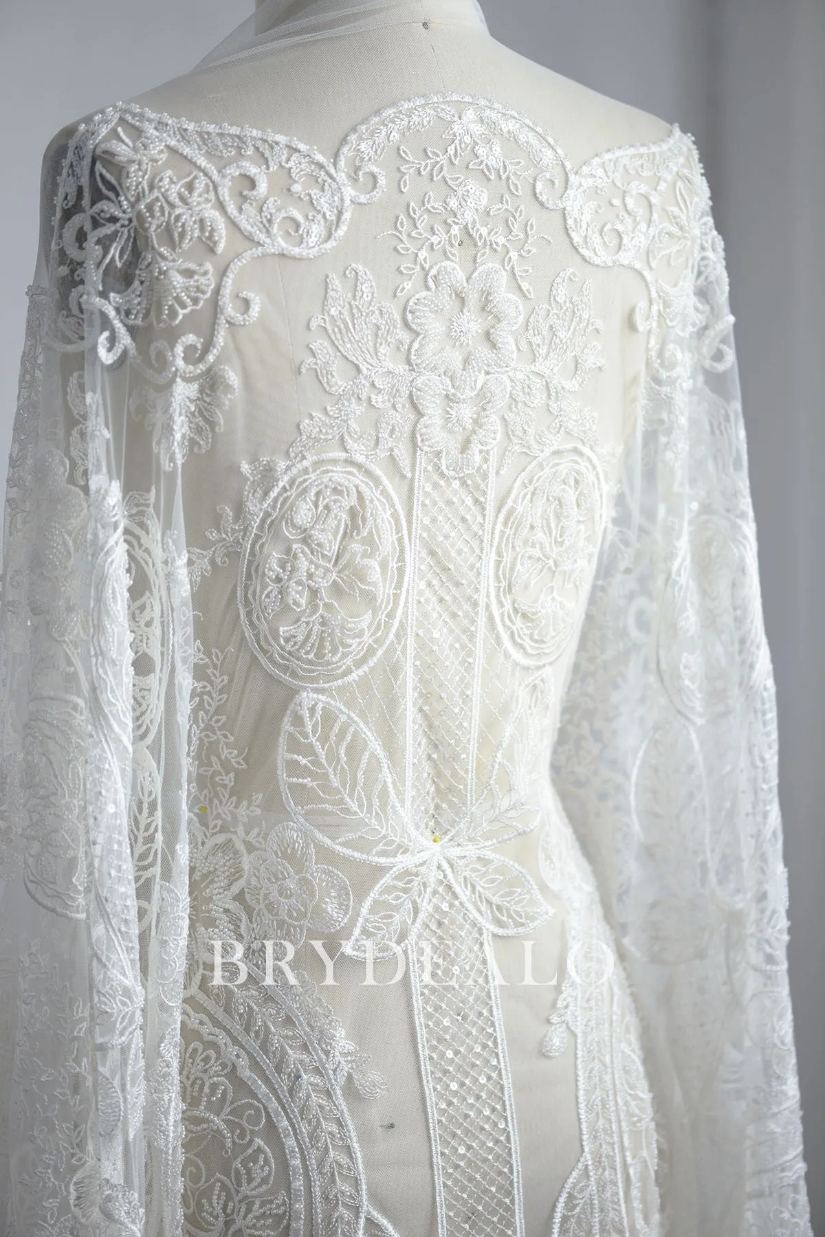 Abstract Beaded Double Border Bridal Lace Fabric