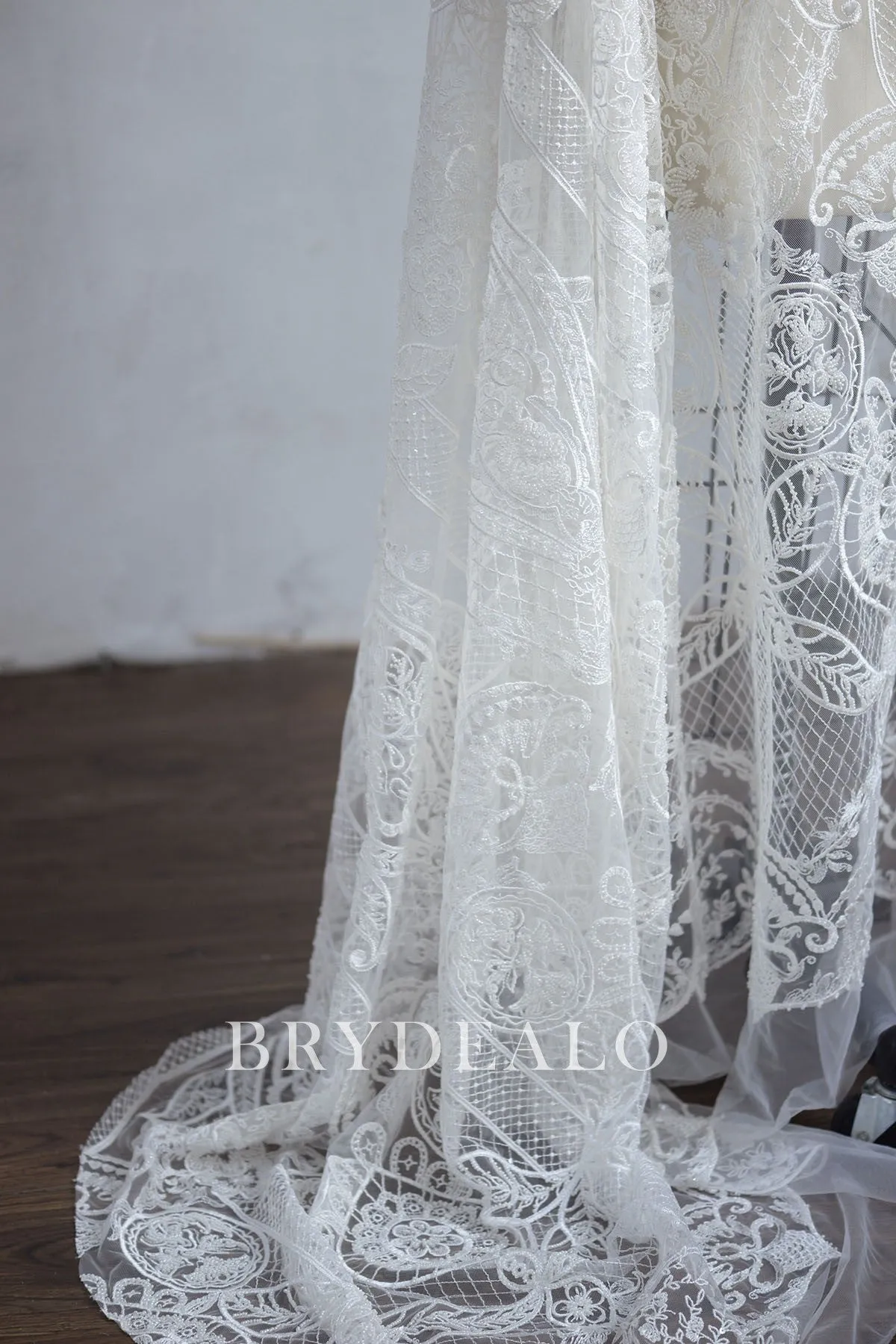 Abstract Beaded Double Border Bridal Lace Fabric