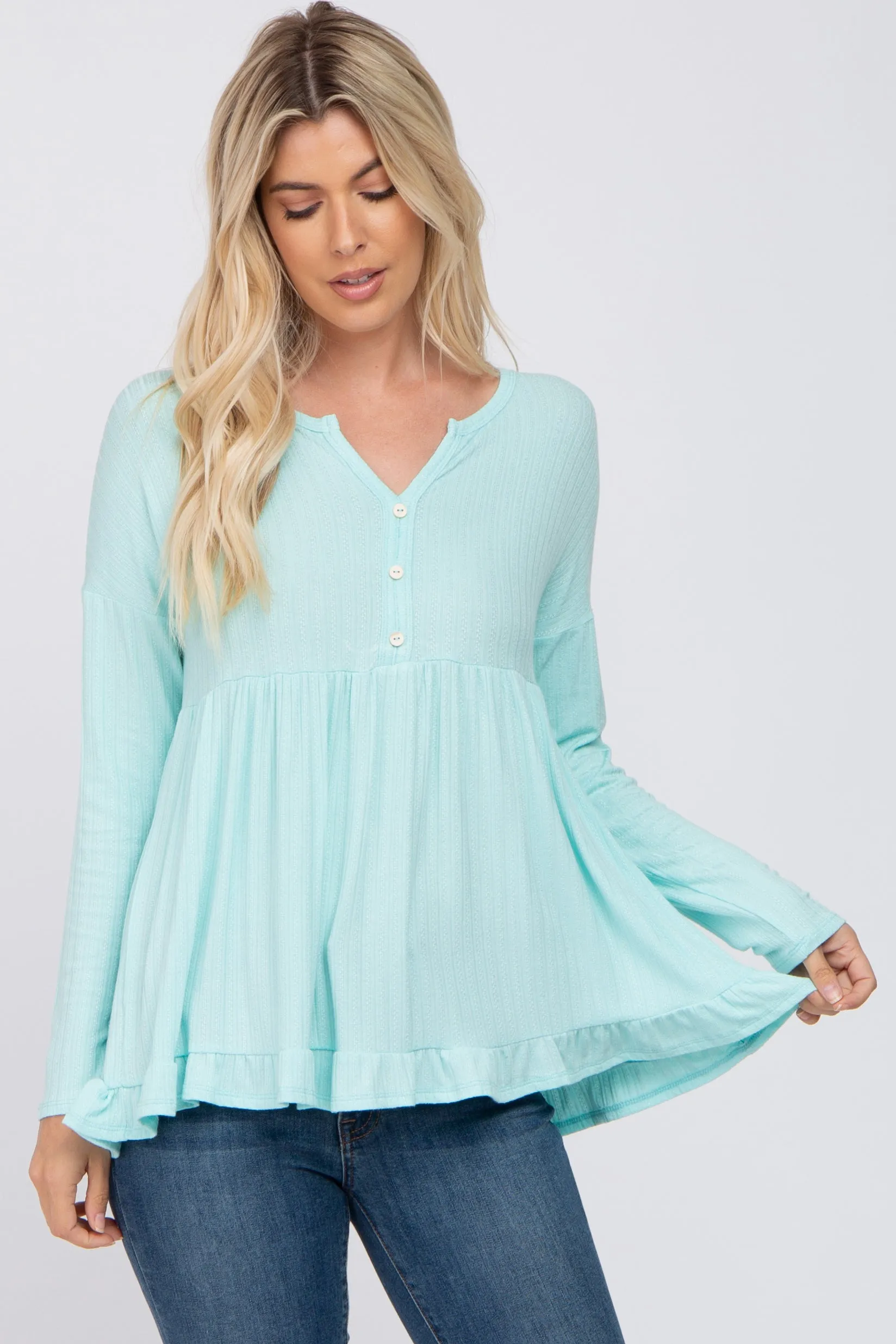 Aqua Button Accent Long Sleeve Top