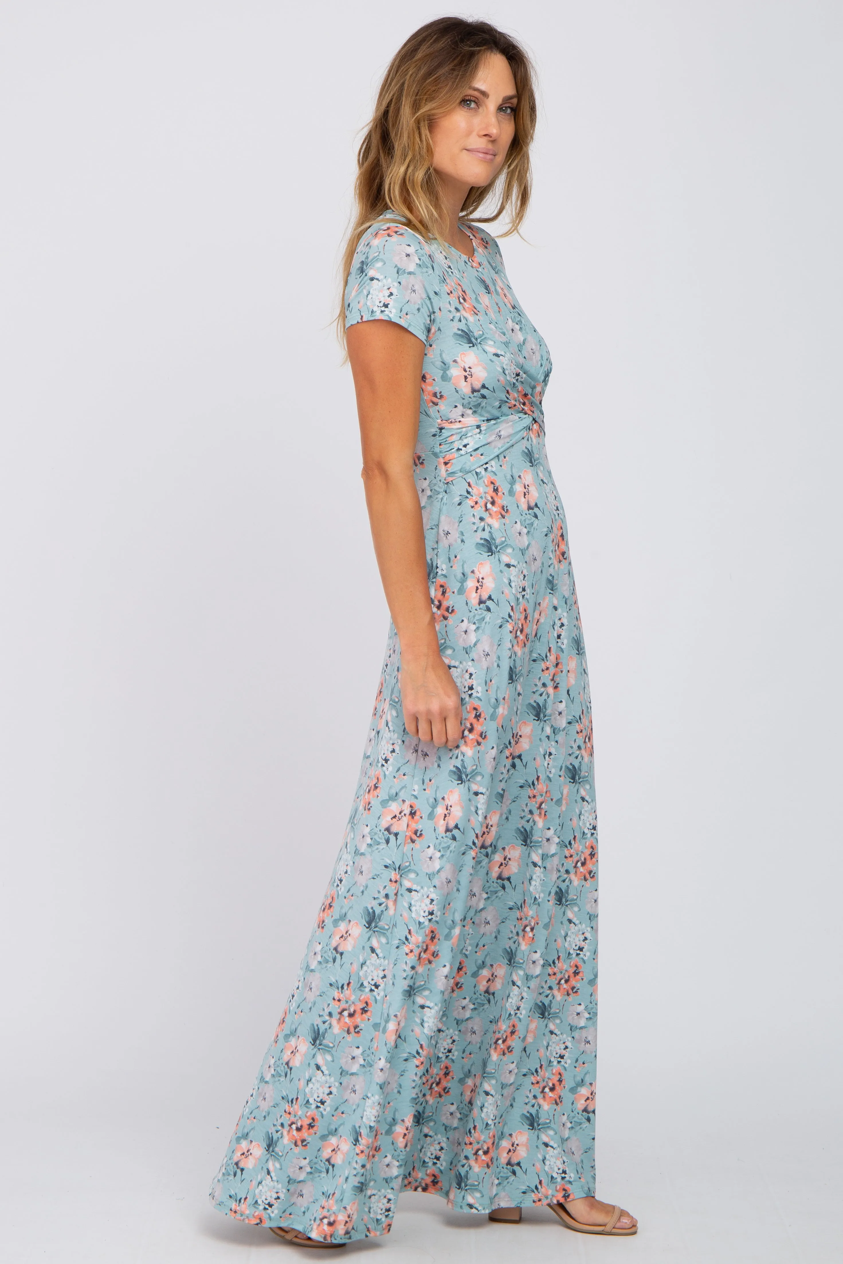 Aqua Floral Twist Maxi Dress