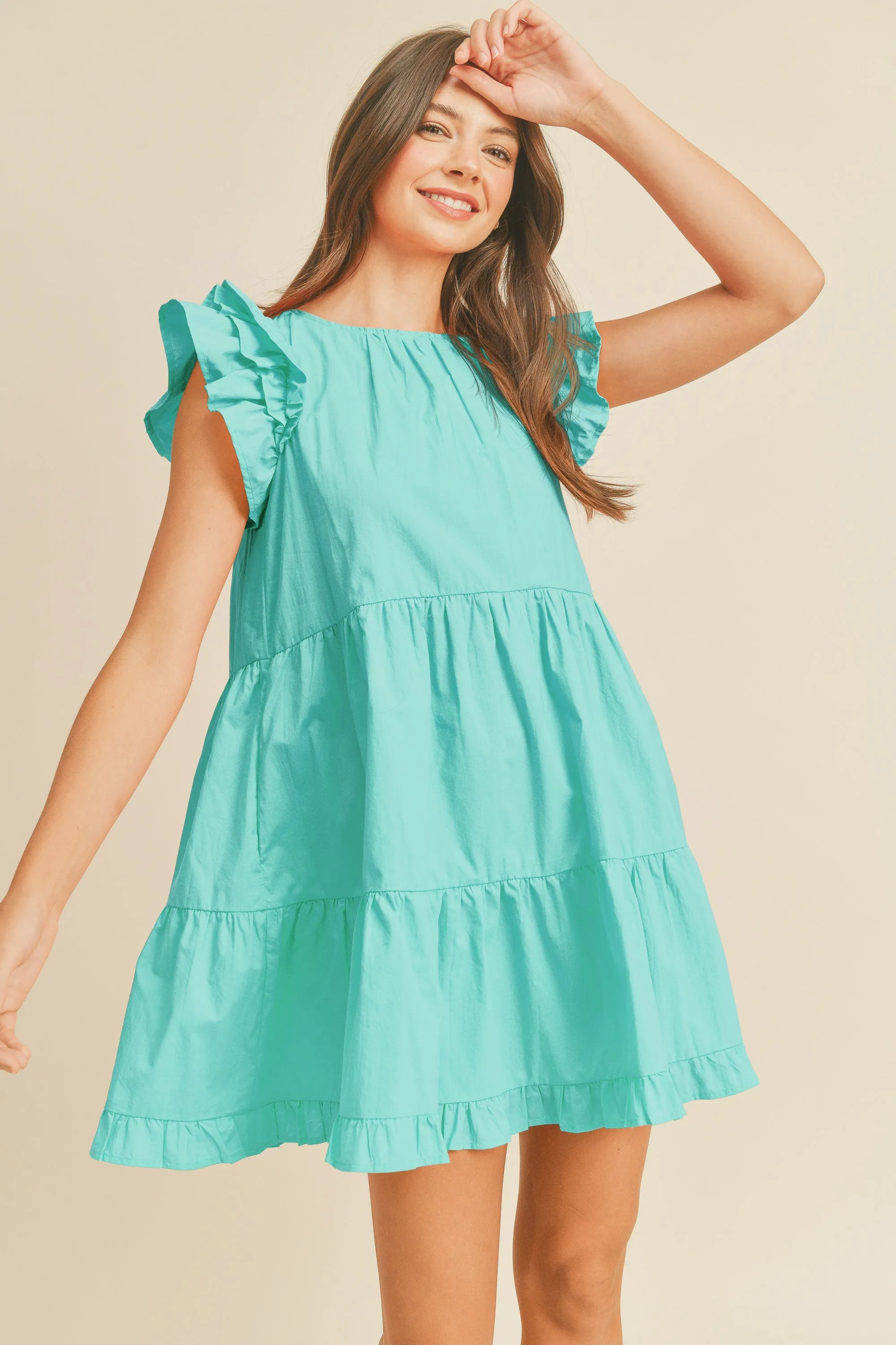 Aqua Flutter Sleeve Tiered Babydoll Dress