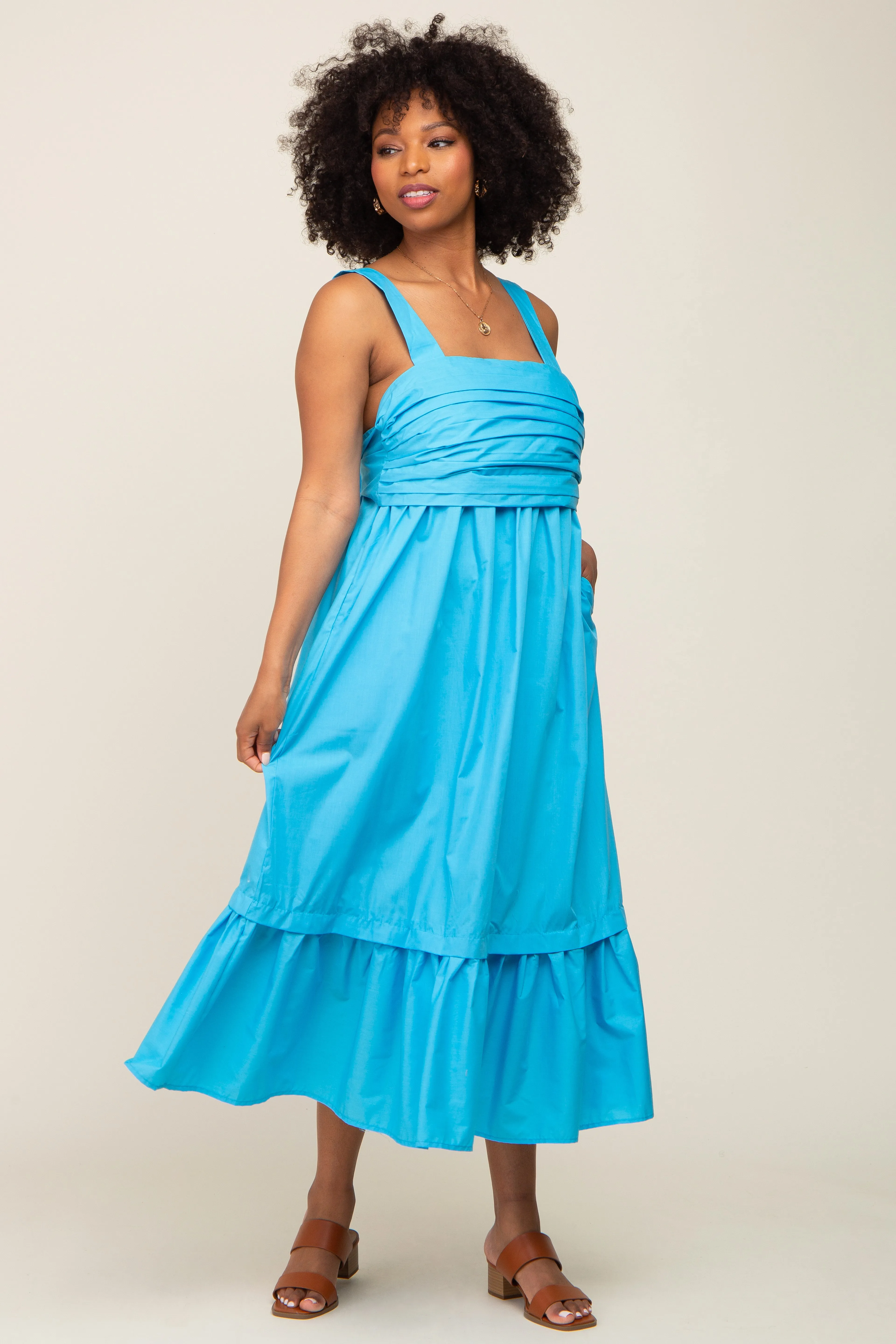 Aqua Pleated Back Tie Midi Dress