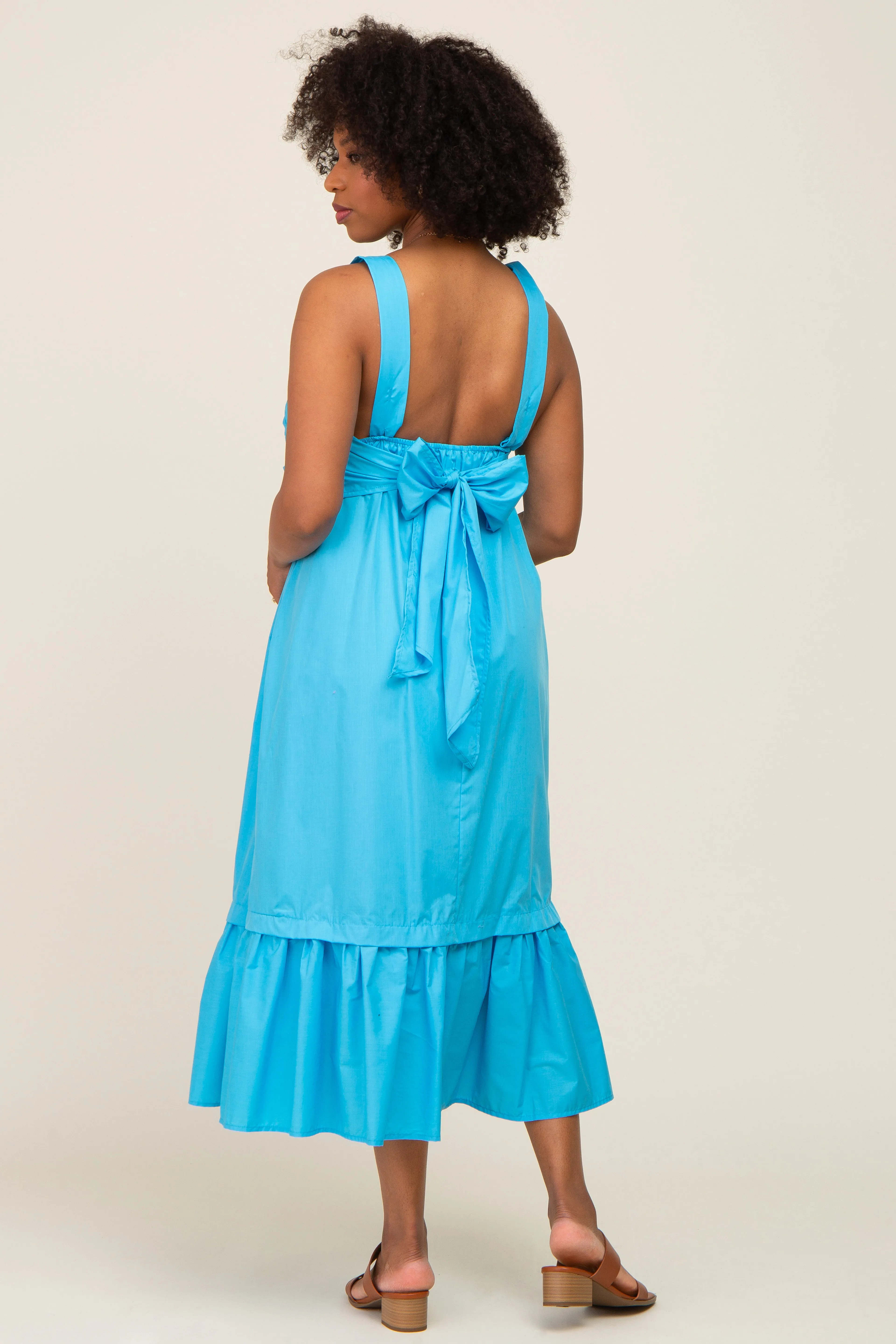 Aqua Pleated Back Tie Midi Dress