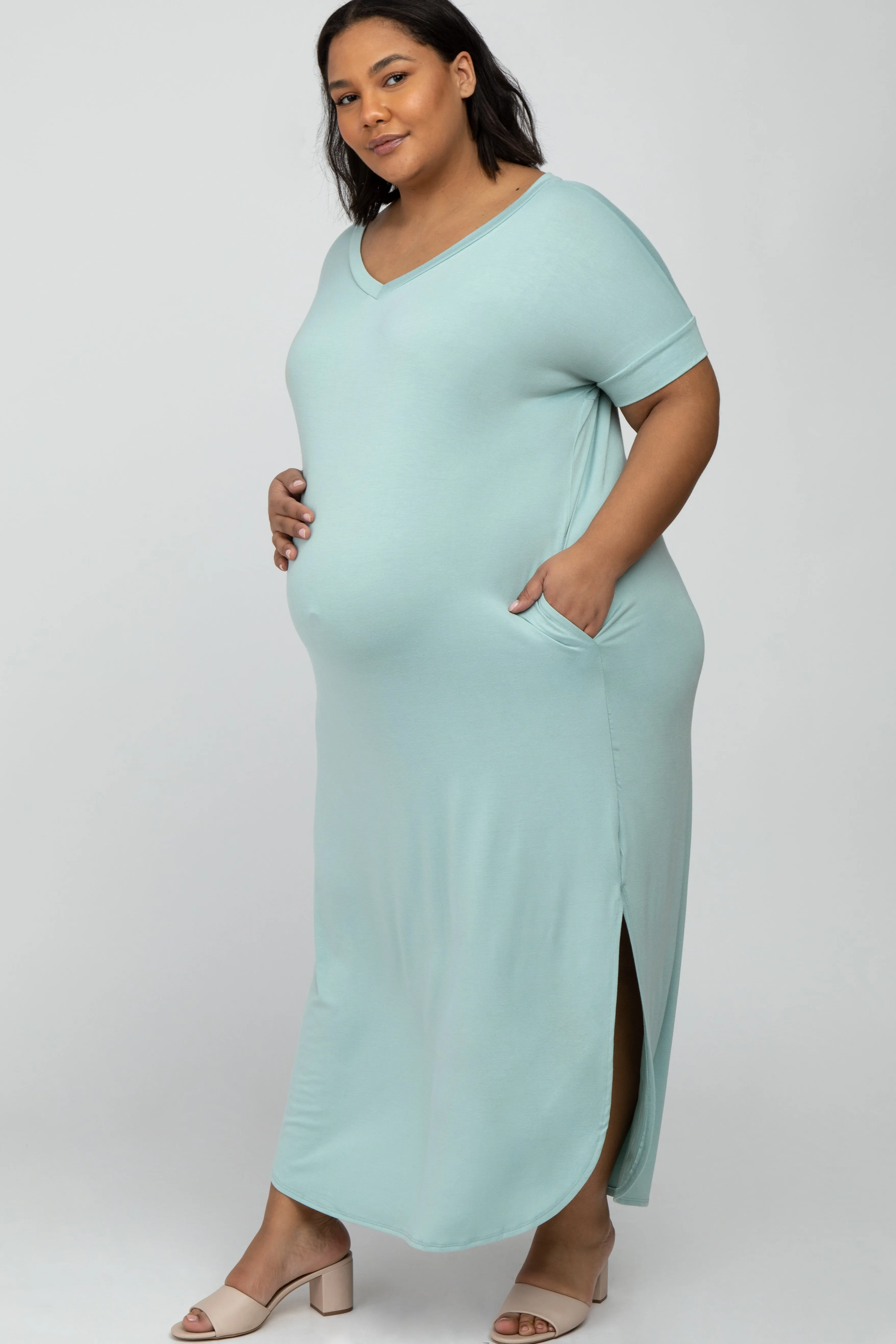 Aqua Side Slit Maternity Plus Maxi Dress