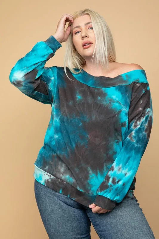 Aqua Tie Dye Off Shoulder Sweatshirt