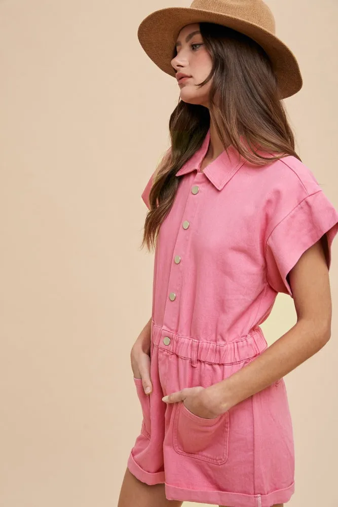 Aurora Pink Mineral Washed Elastic Waistband Pockets Romper