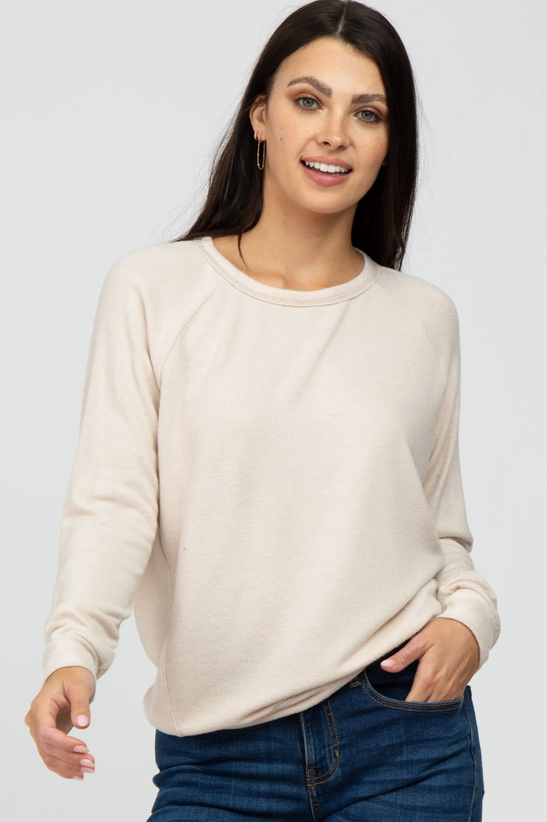 Beige Brushed Long Sleeve Raglan Maternity Top