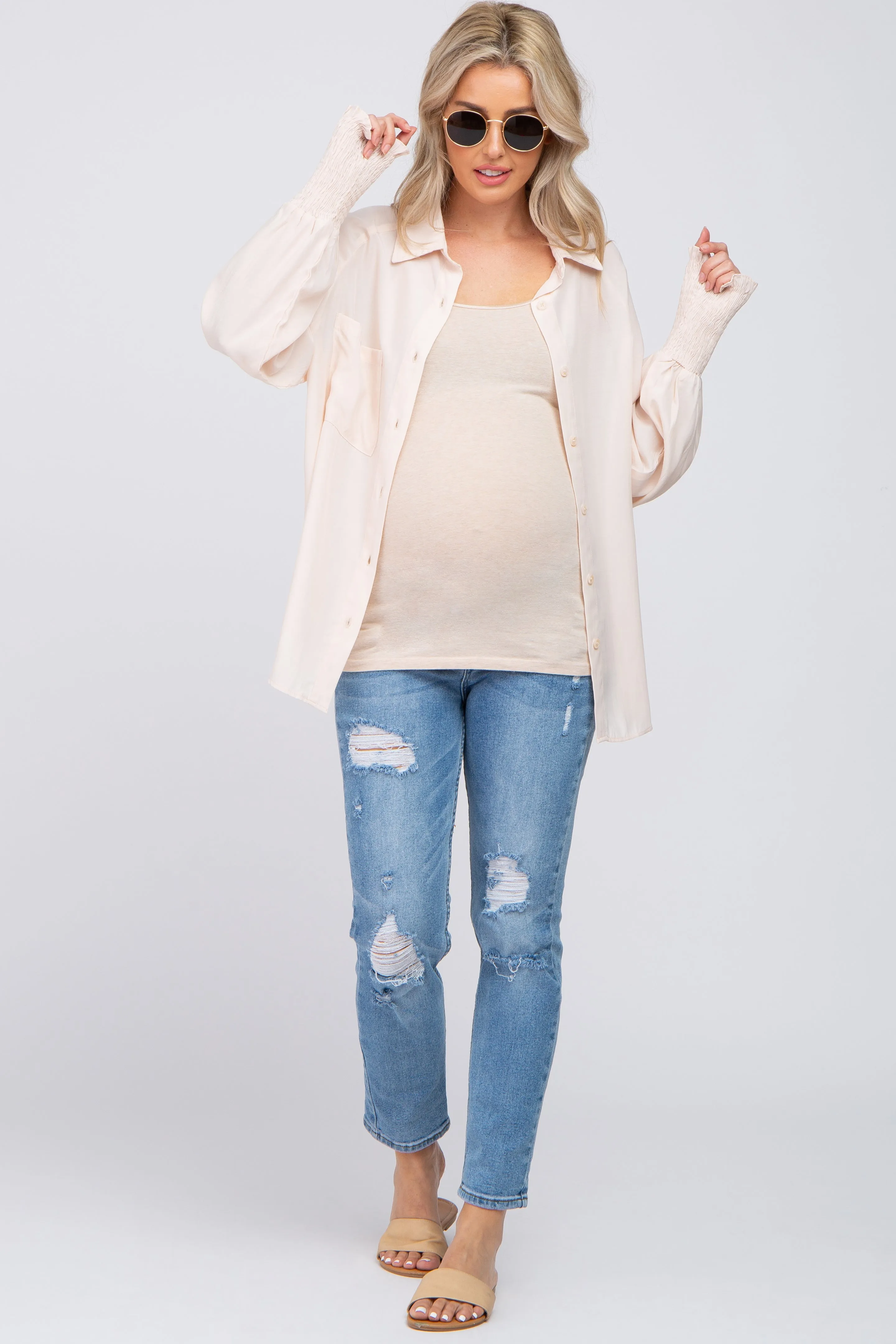 Beige Button Up Smocked Sleeve Maternity Top