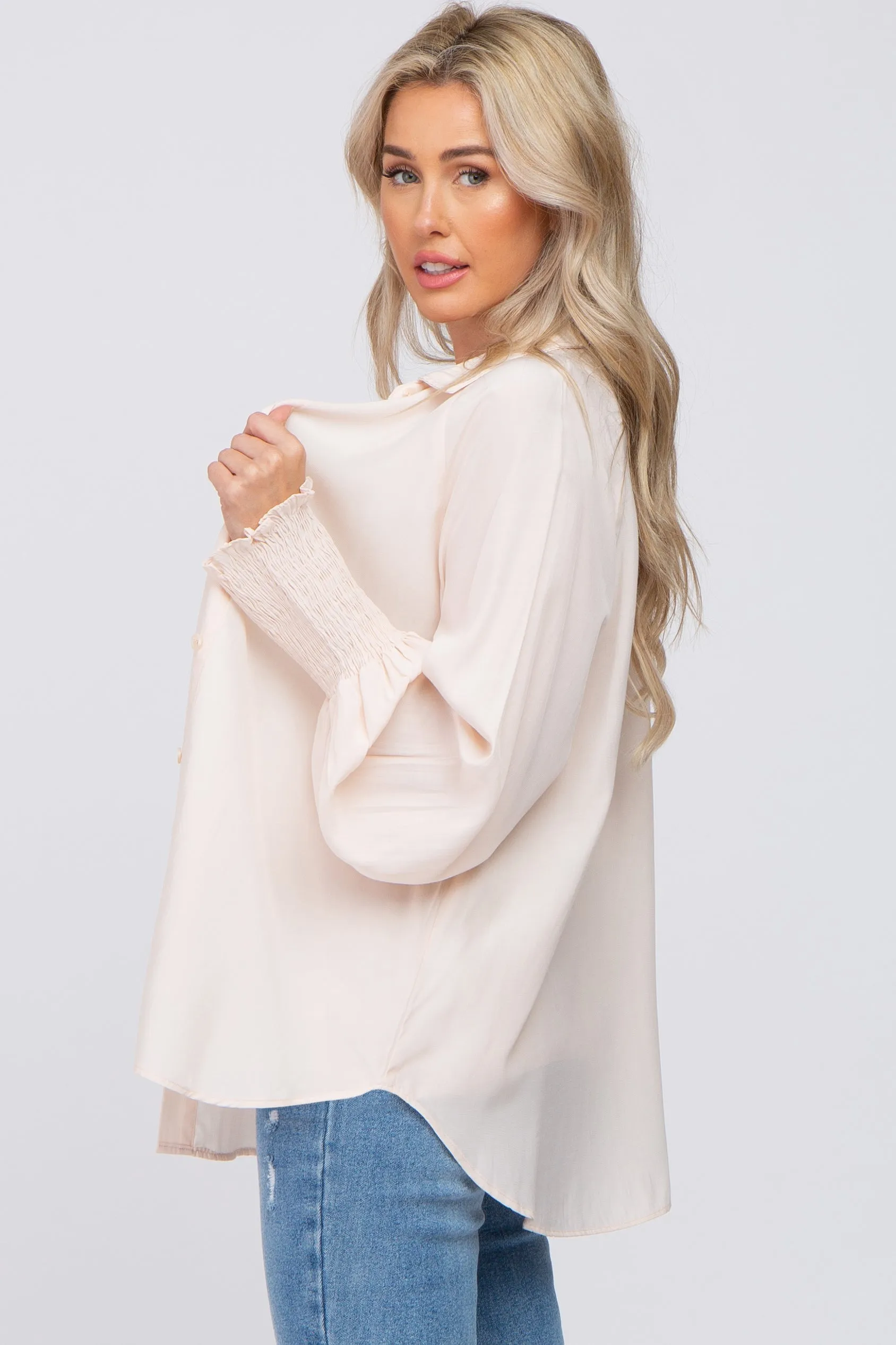 Beige Button Up Smocked Sleeve Maternity Top