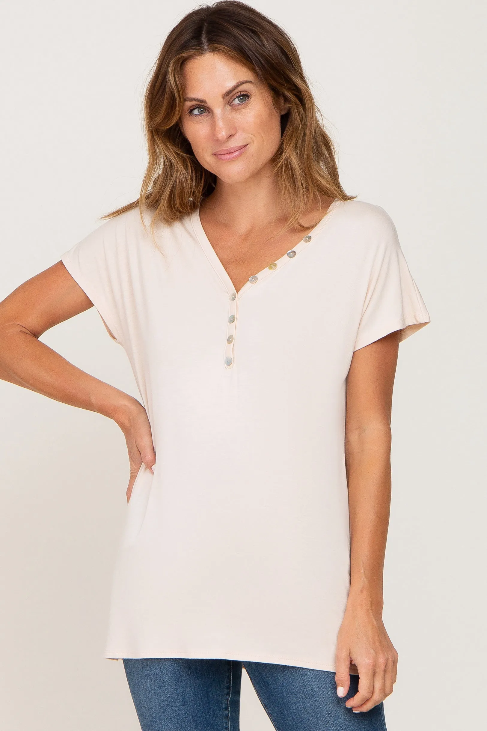 Beige Button V-Neck Maternity Short Sleeve Top