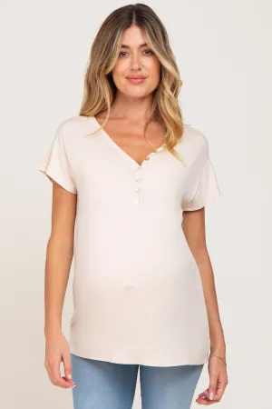 Beige Button V-Neck Maternity Short Sleeve Top