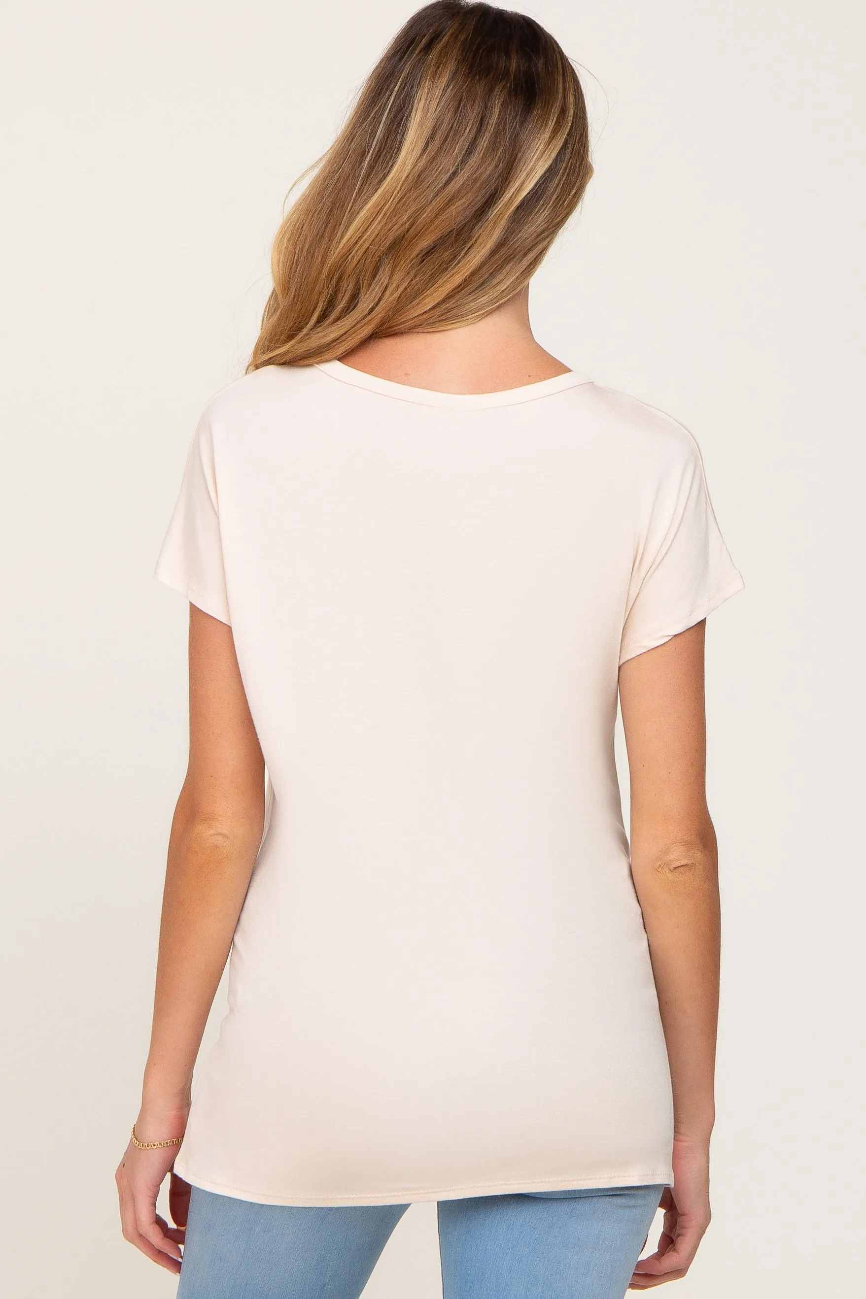 Beige Button V-Neck Maternity Short Sleeve Top