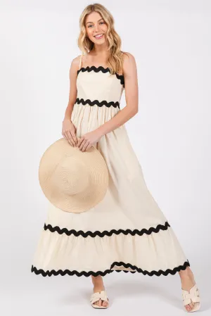 Beige Contrast Wavy Trim Maxi Dress