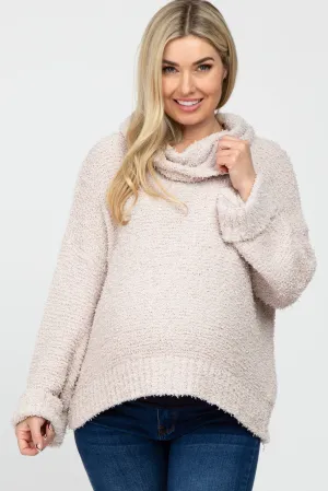 Beige Cowl Neck Cuff Sleeve Soft Knit Maternity Sweater