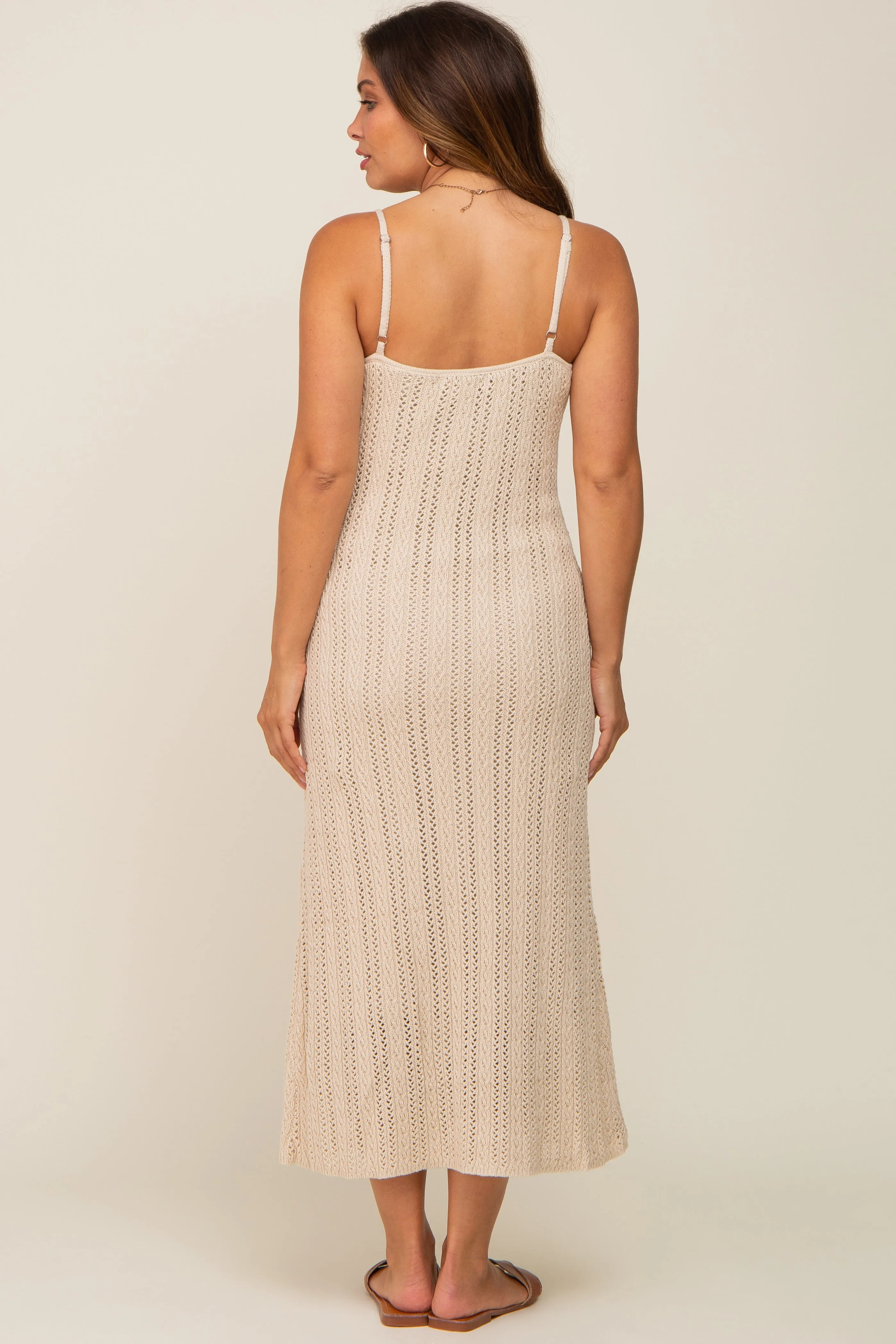 Beige Crochet Eyelet Trim Maternity Midi Dress