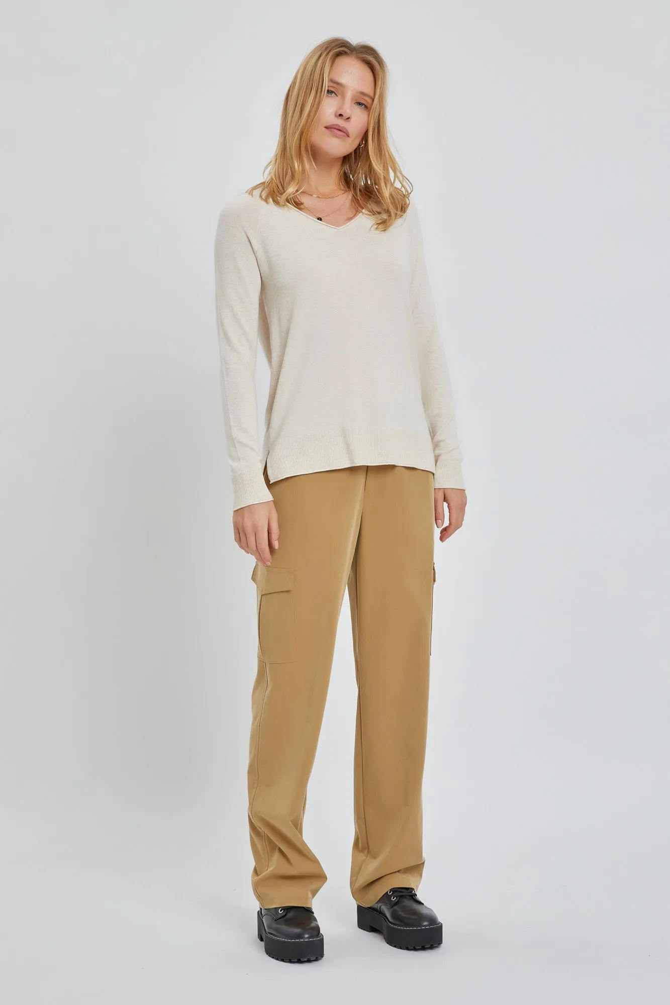 Beige Fine Knit V-Neck Side Slit Maternity Top