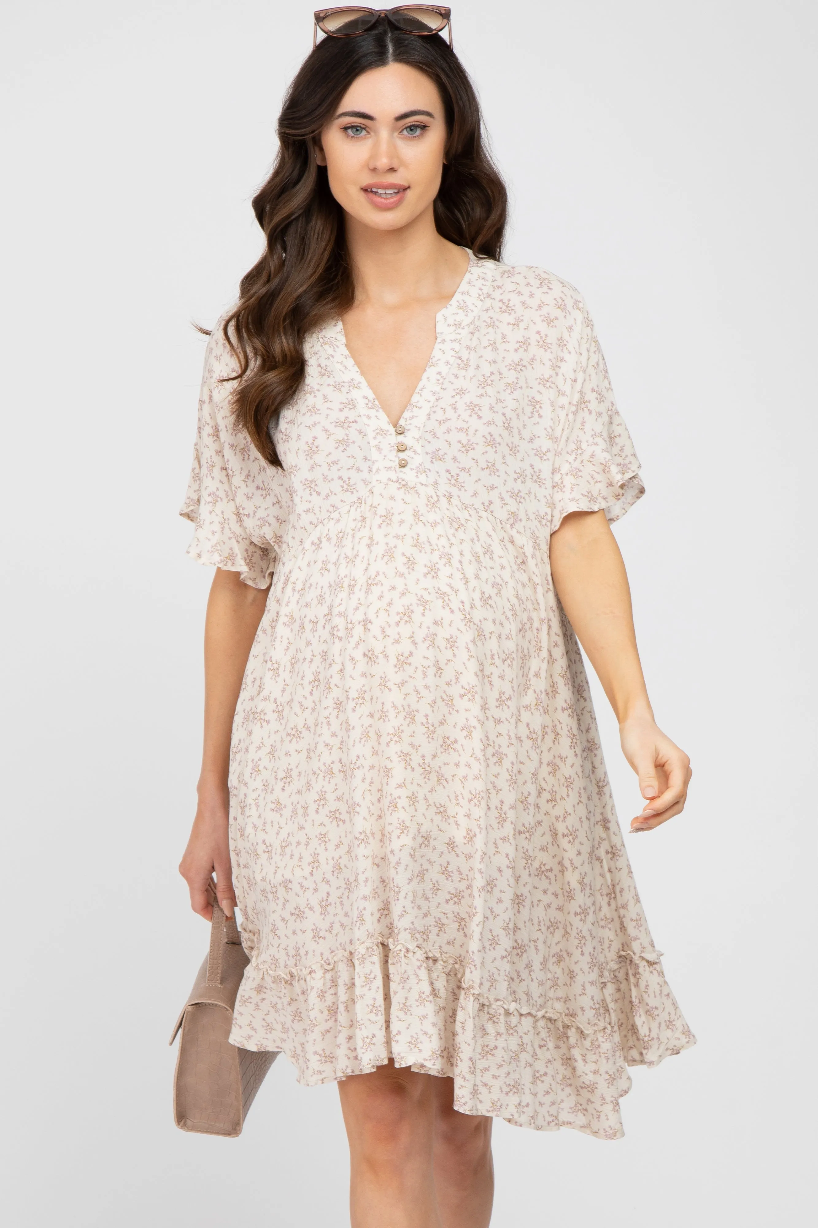 Beige Floral Short Sleeve Ruffle Hem Maternity Dress