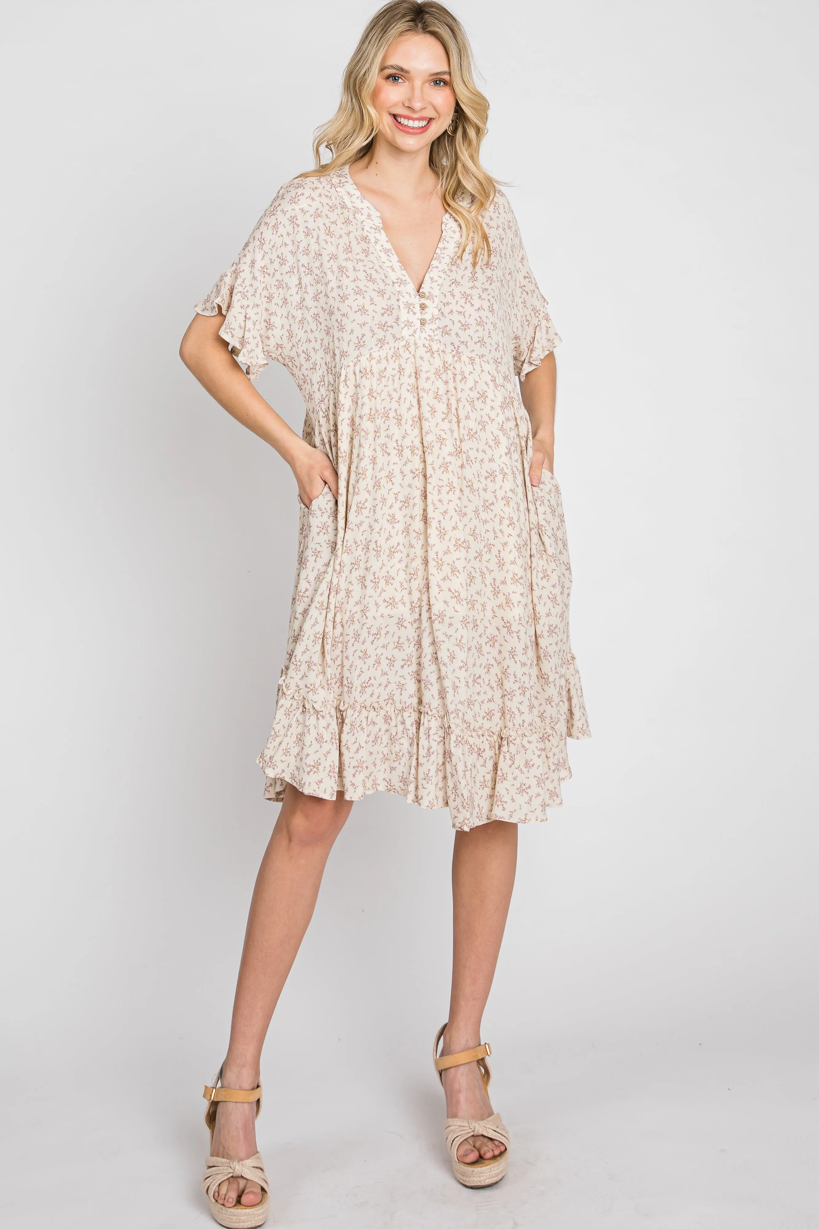 Beige Floral Short Sleeve Ruffle Hem Maternity Dress