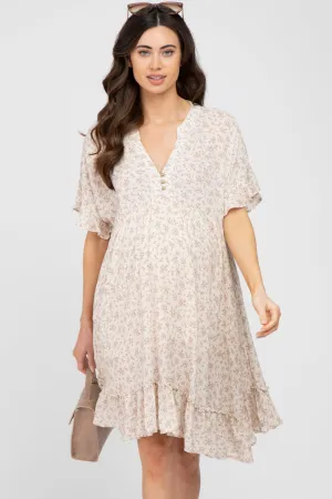 Beige Floral Short Sleeve Ruffle Hem Maternity Dress