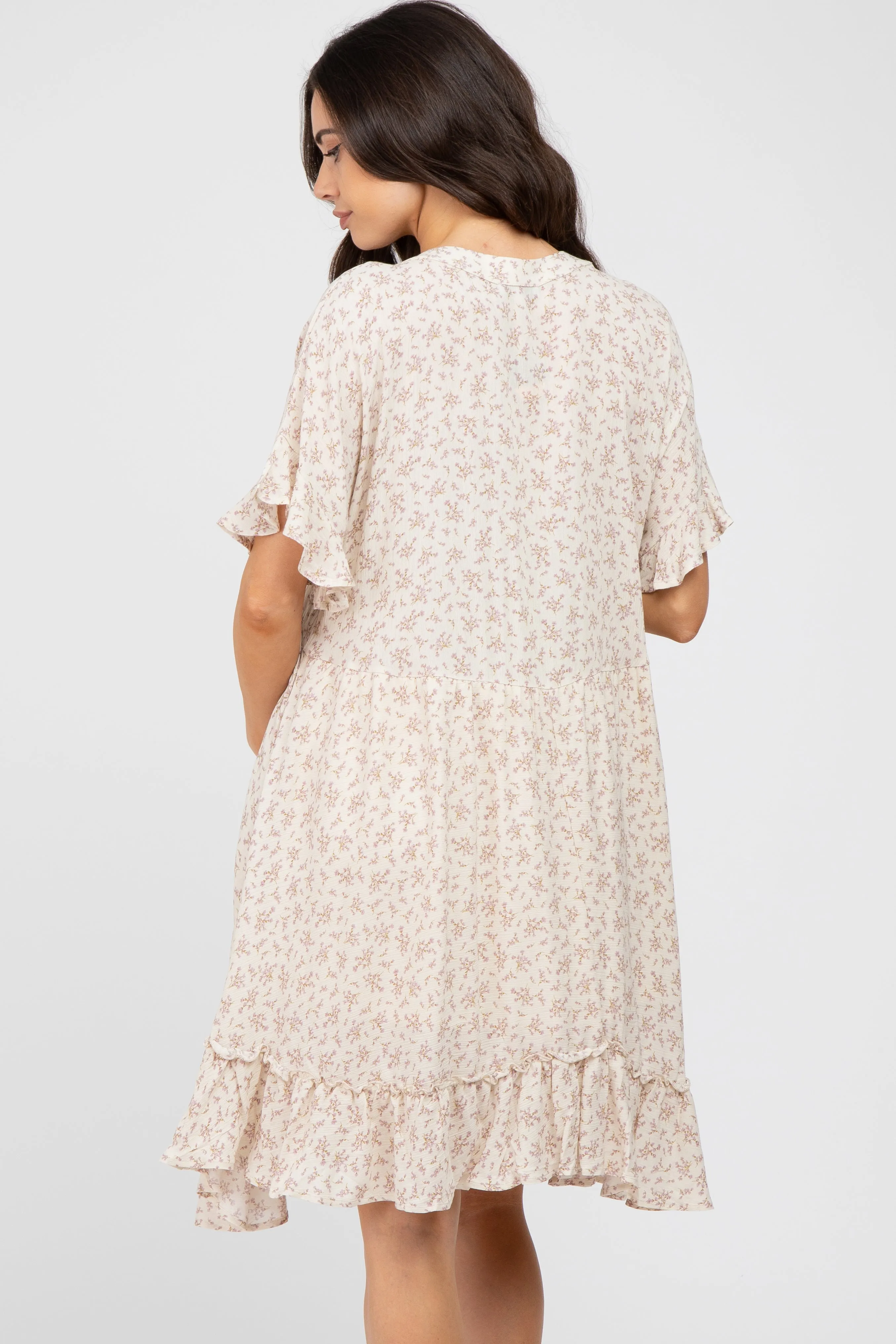 Beige Floral Short Sleeve Ruffle Hem Maternity Dress