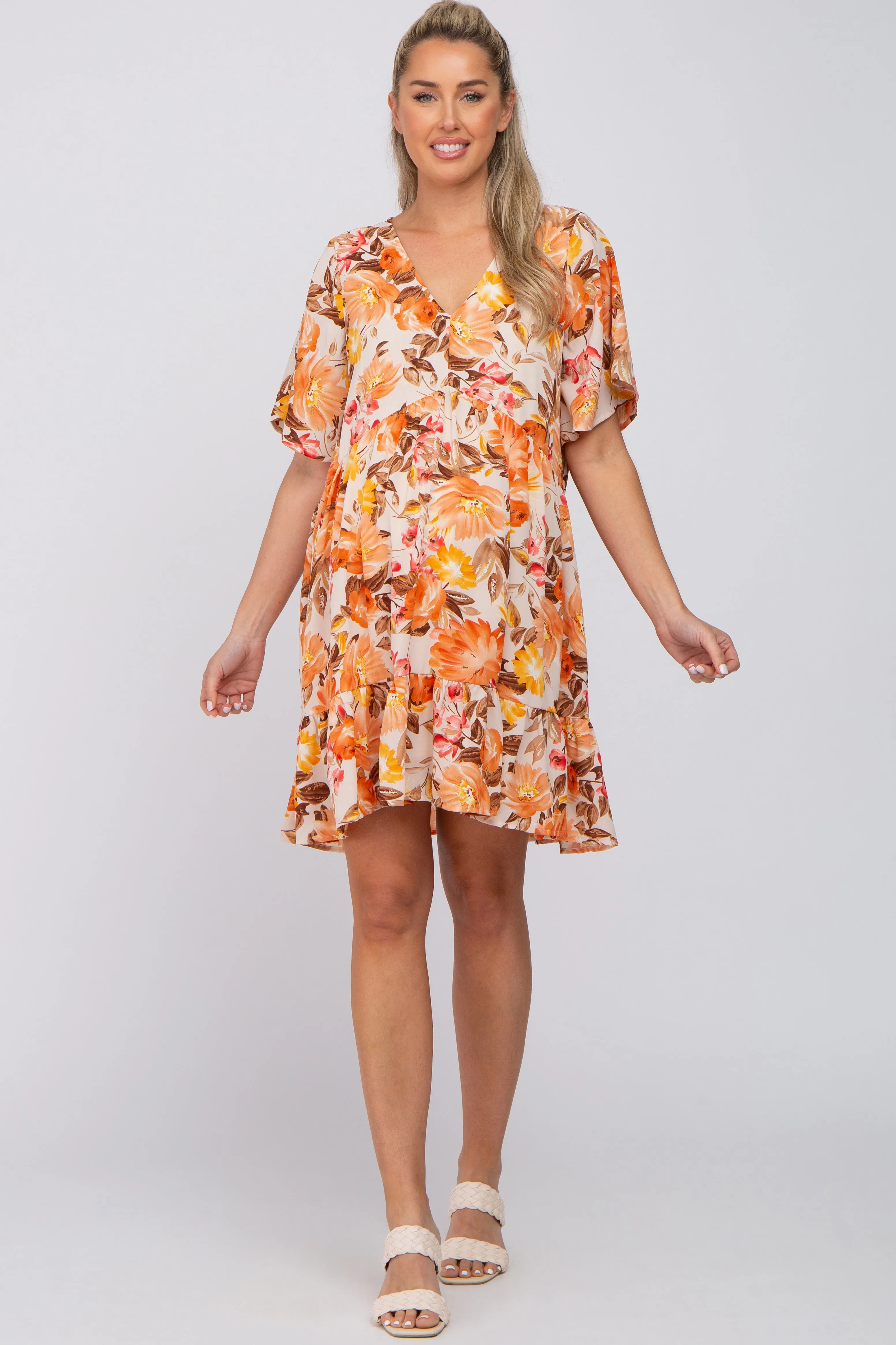 Beige Floral V-Neck Ruffle Hem Maternity Dress