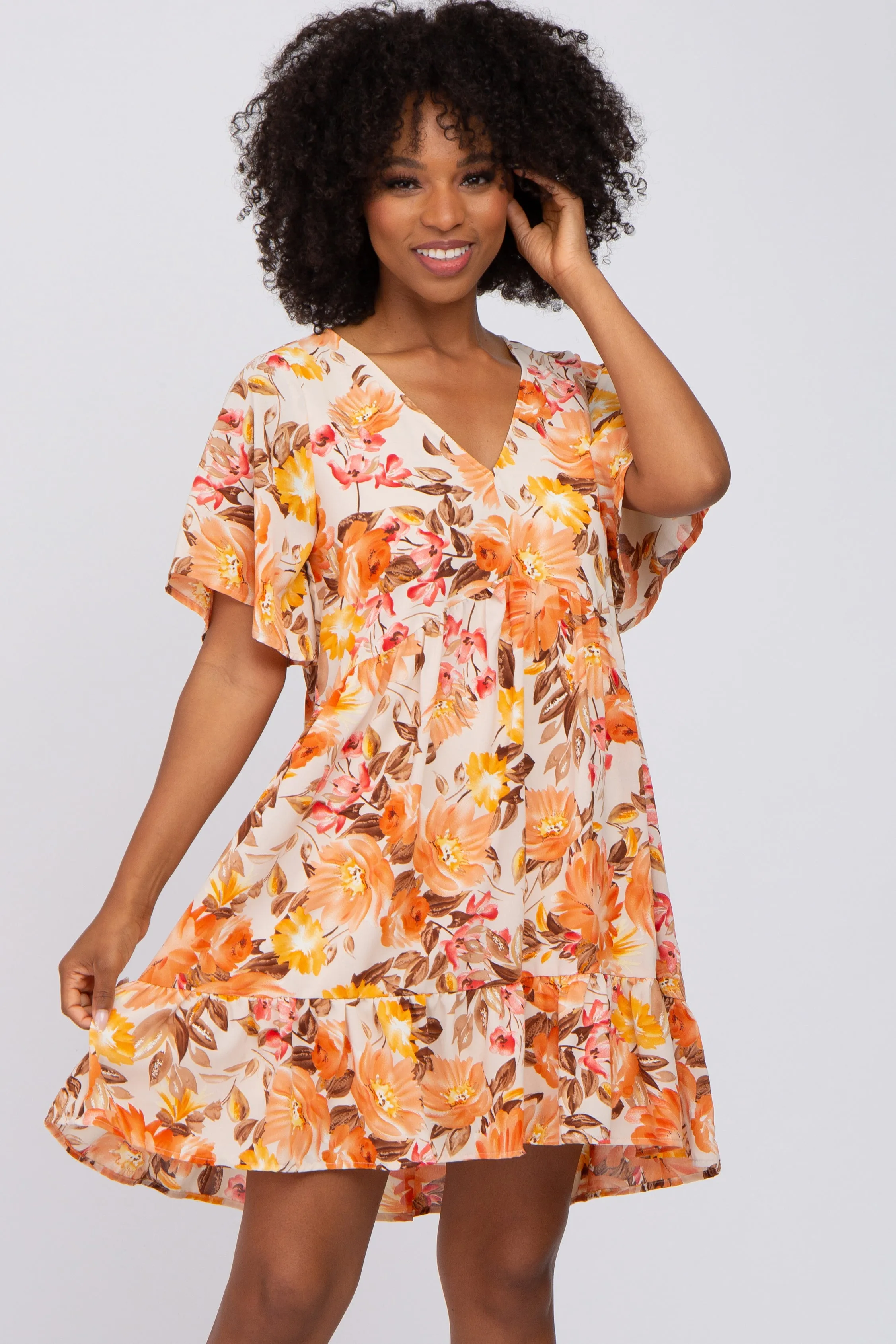 Beige Floral V-Neck Ruffle Hem Maternity Dress