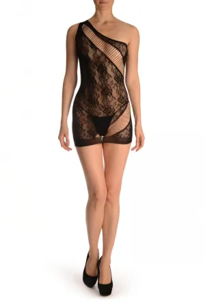 Black One Shoulder Floral Mesh Mini Dress (Bodystocking)