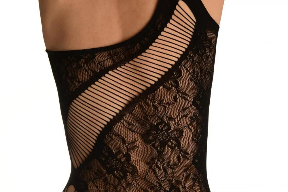 Black One Shoulder Floral Mesh Mini Dress (Bodystocking)