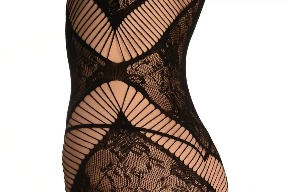 Black One Shoulder Floral Mesh Mini Dress (Bodystocking)