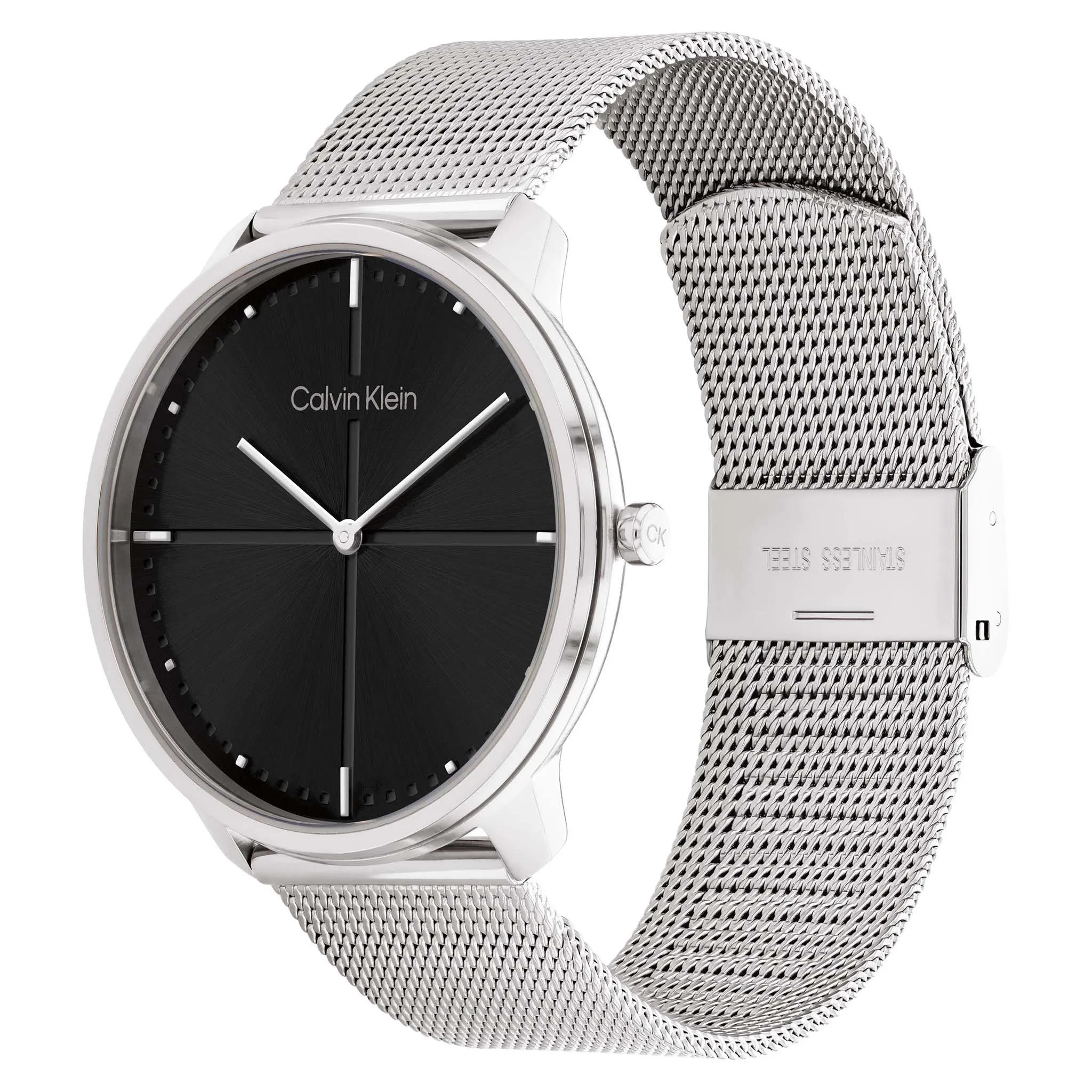 Calvin Klein Silver Mesh Black Dial Unisex Watch - 25200152