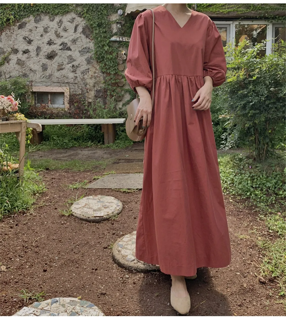 Casual Vintage Women Lantern Sleeves Fall Long Dress