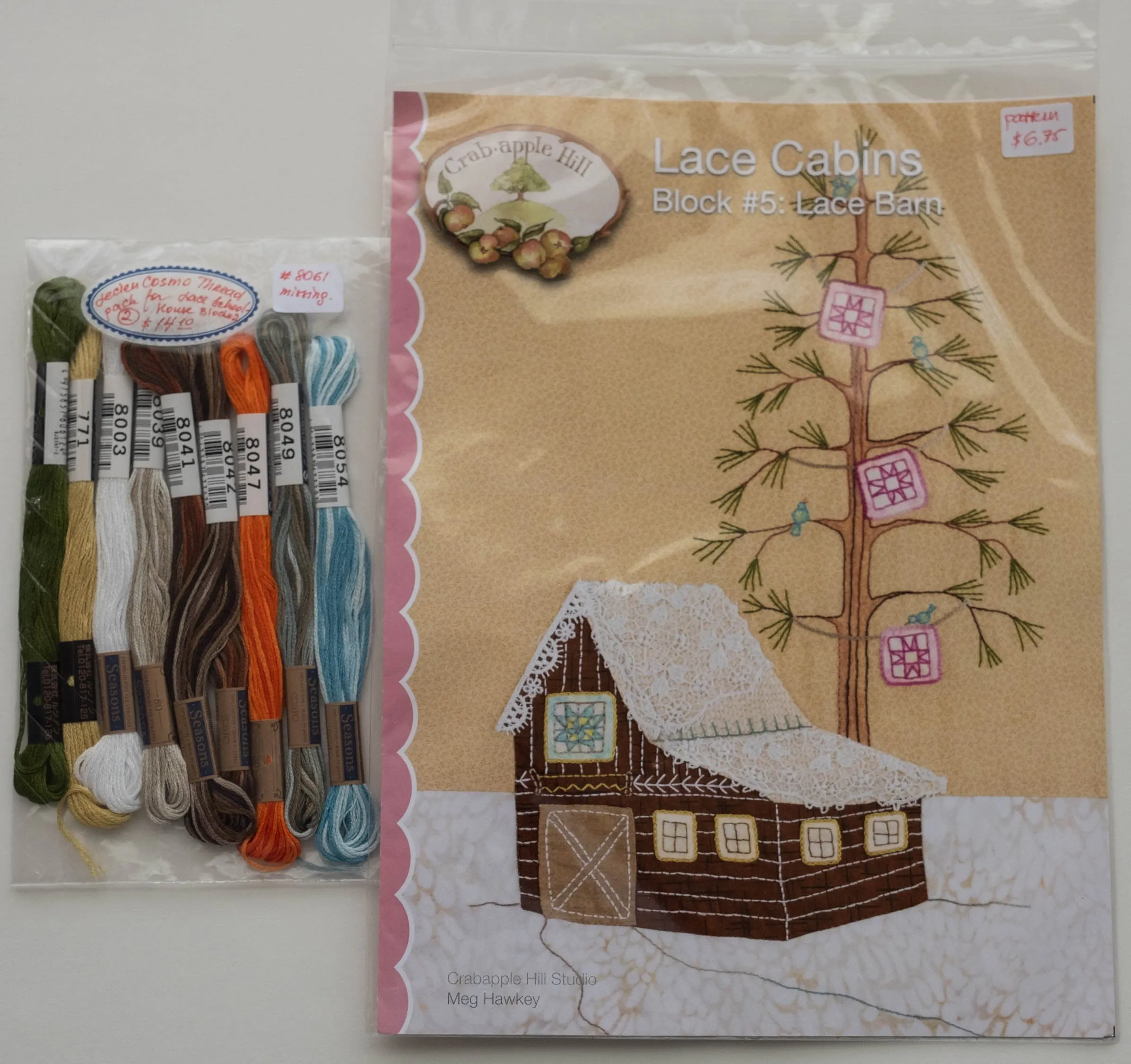 COSMO Embroidery Floss Pack from Lecien, Japan, for the Pattern of Block 5, Lace Barn by Meg Hawkey for the Crabapple Hill Designs