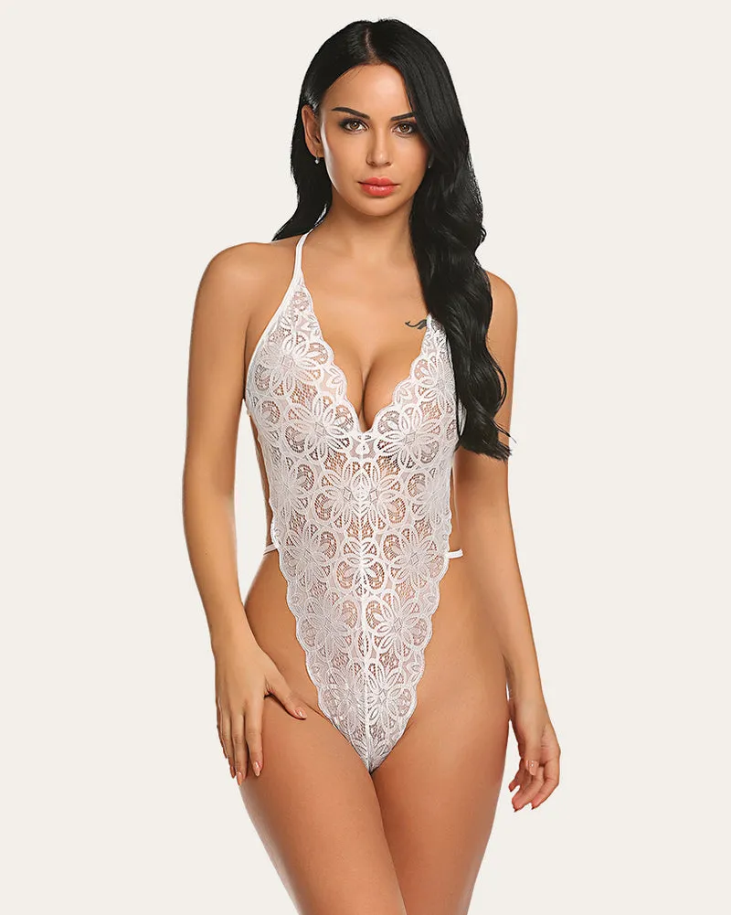 Deep V Lace Bodysuit & Lace Teddy Mesh Skirt