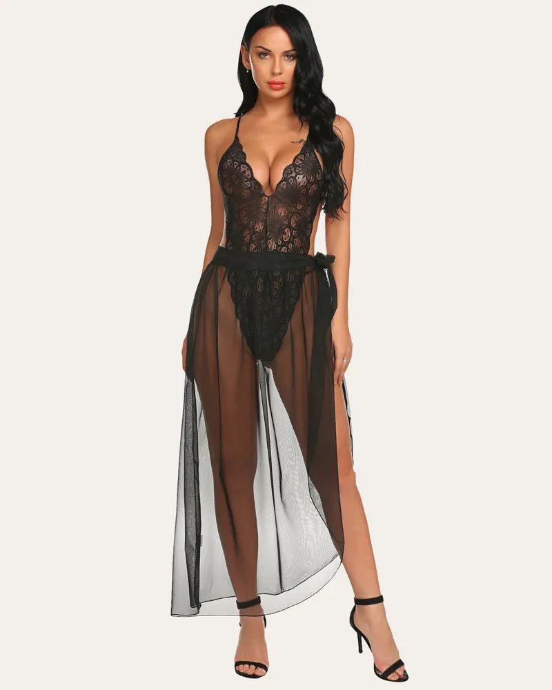 Deep V Lace Bodysuit & Lace Teddy Mesh Skirt