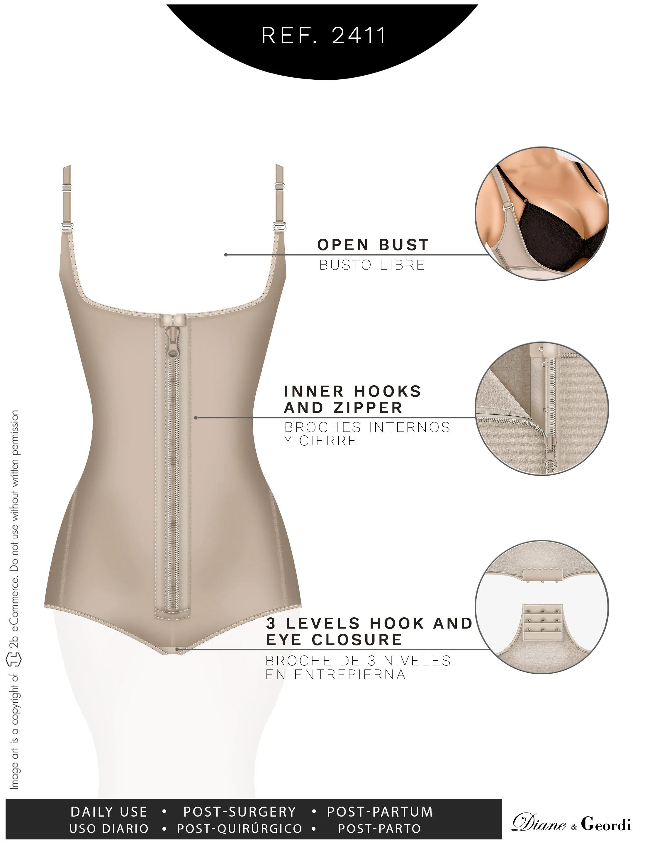 Diane & Geordi 2411 Women's Tummy Control Butt Lifting Bodysuit Postpartum Colombian Girdle Fajas Powernet