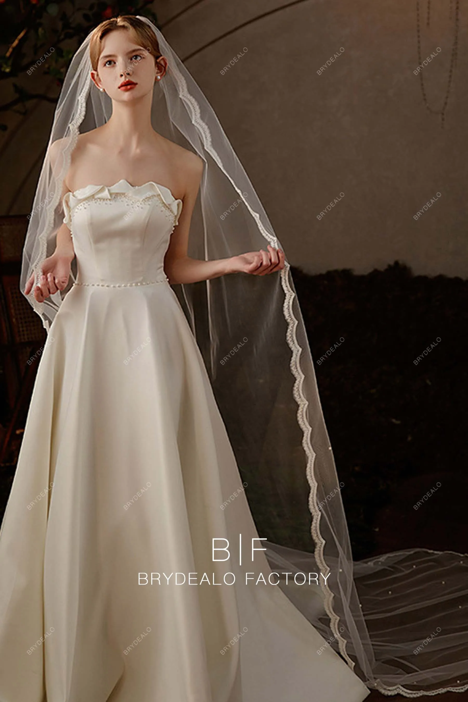 Elegant Pearls Lace Single Layer Cathedral Length Wholesale Bridal Veil