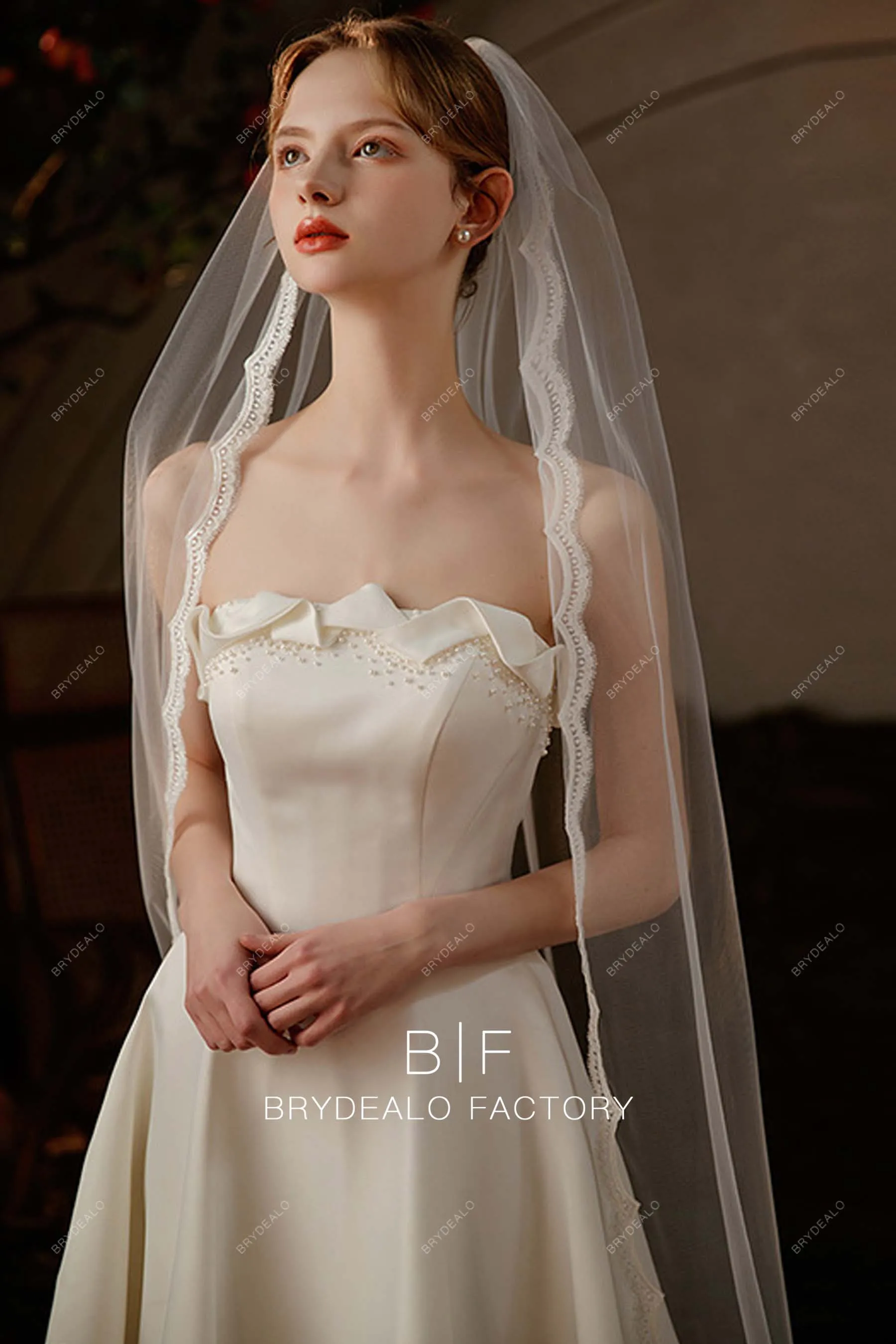 Elegant Pearls Lace Single Layer Cathedral Length Wholesale Bridal Veil