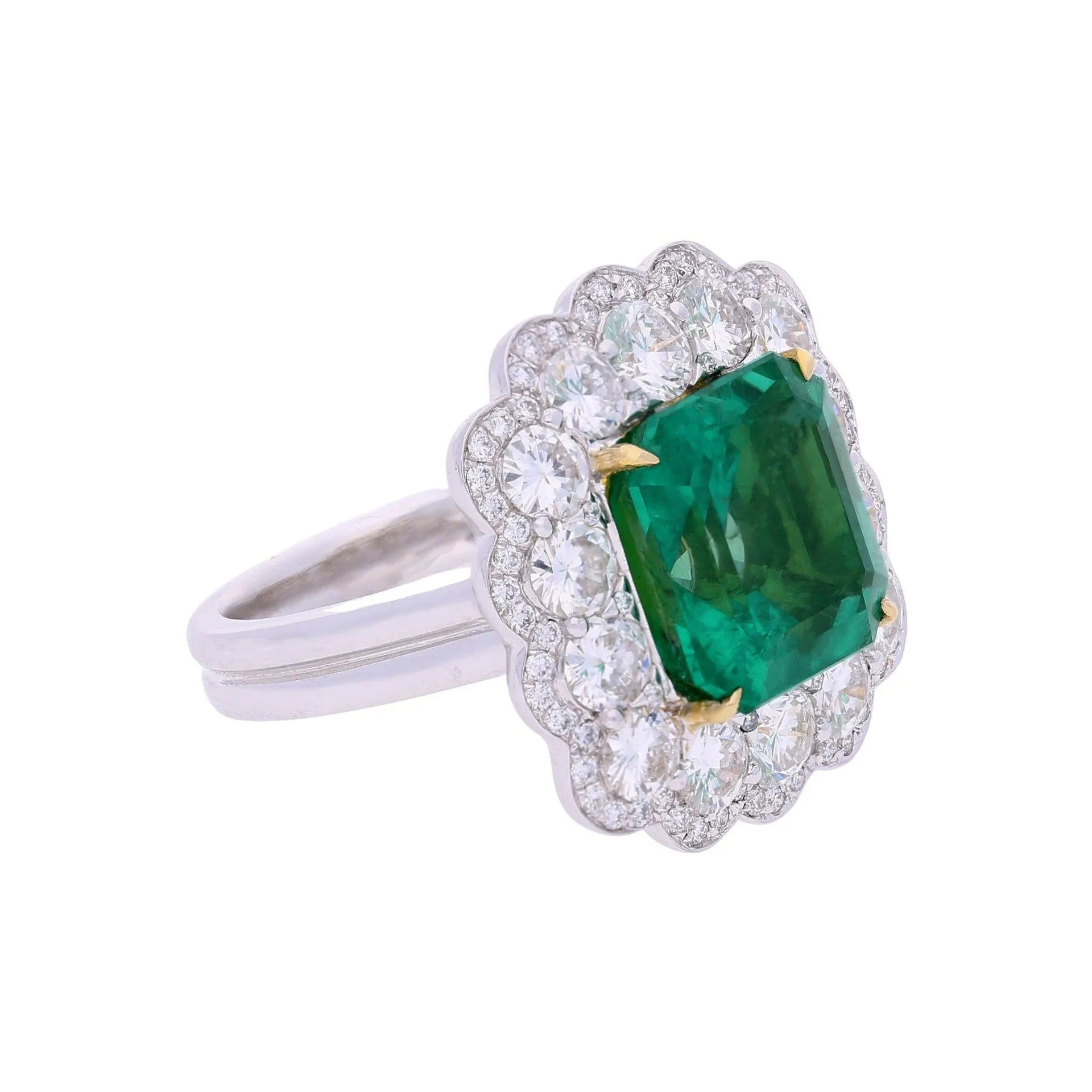 GRS Certified 8.04 Carat Minor Oil Colombian Emerald & Diamond Halo Ring