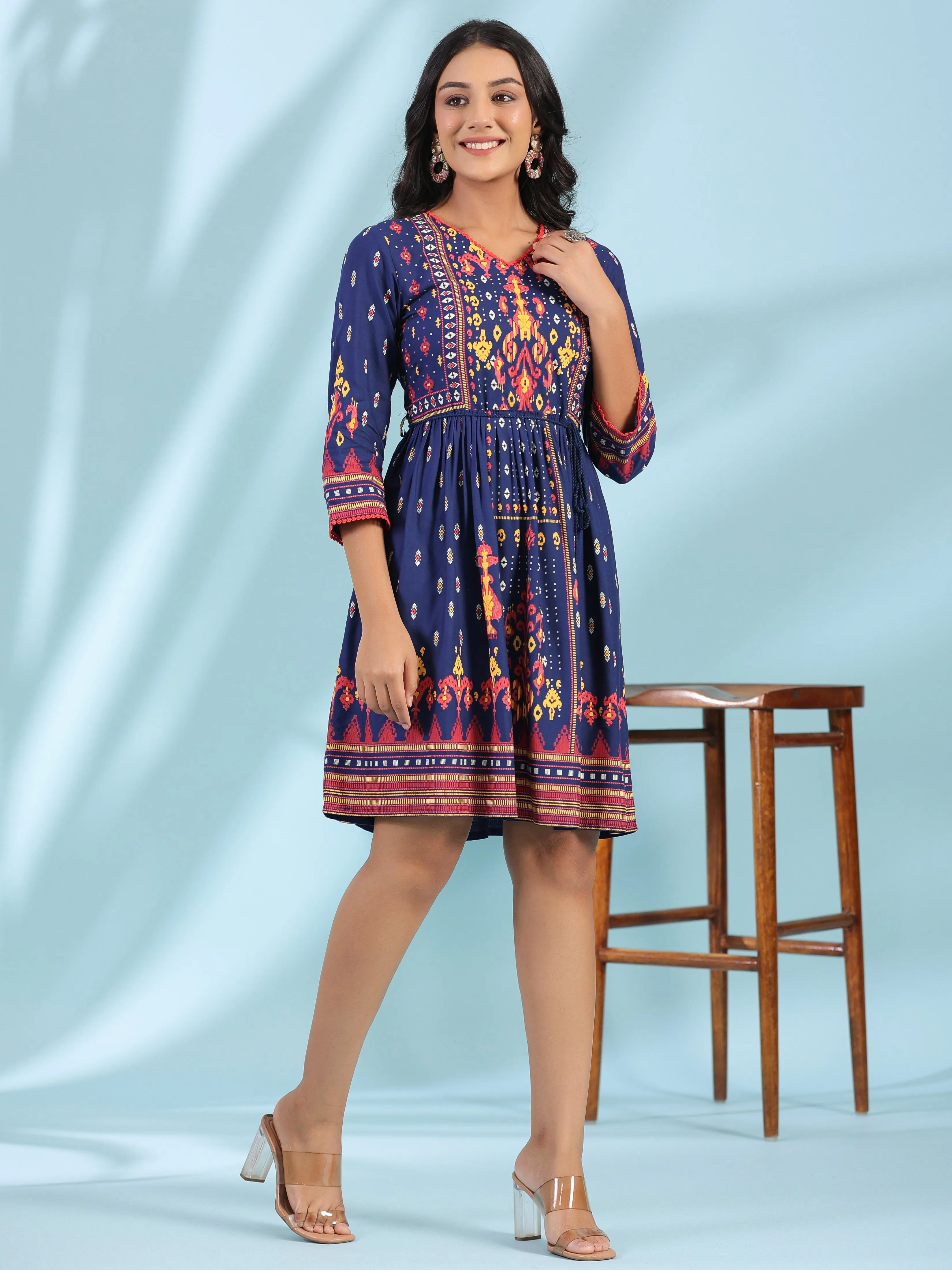 Juniper Navy Blue Rayon Ikat Printed Fit & Flare Lacy Short Dress With Dori Tie-Up At Waist