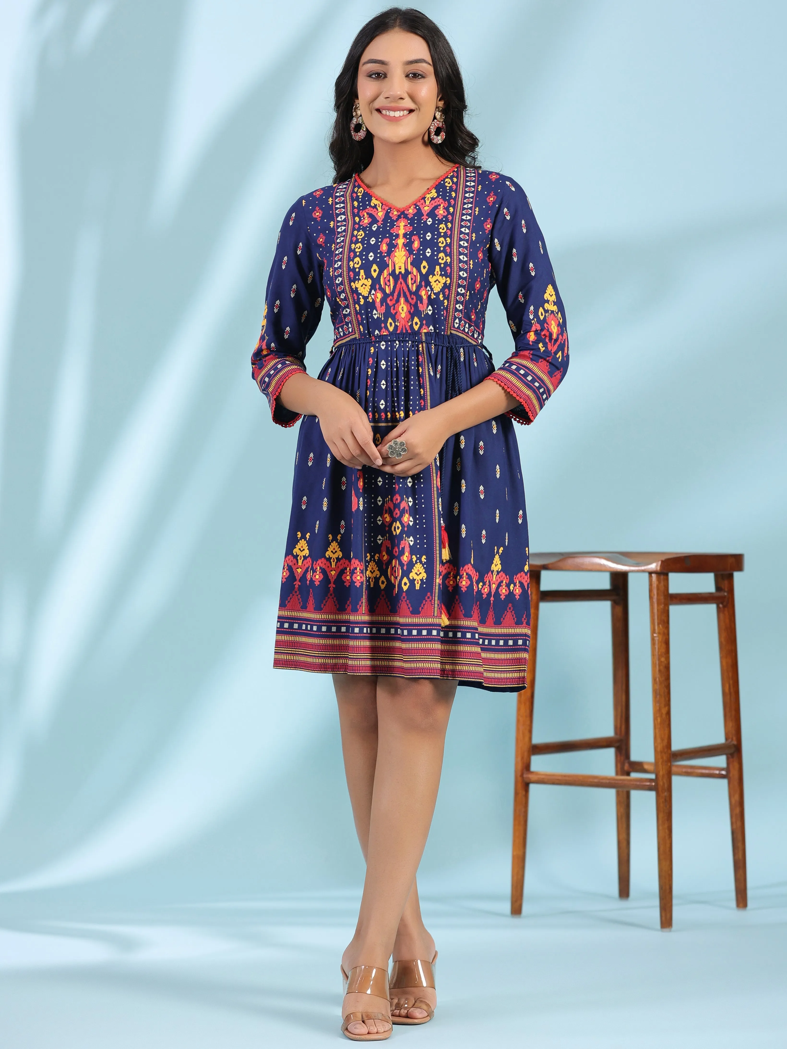 Juniper Navy Blue Rayon Ikat Printed Fit & Flare Lacy Short Dress With Dori Tie-Up At Waist