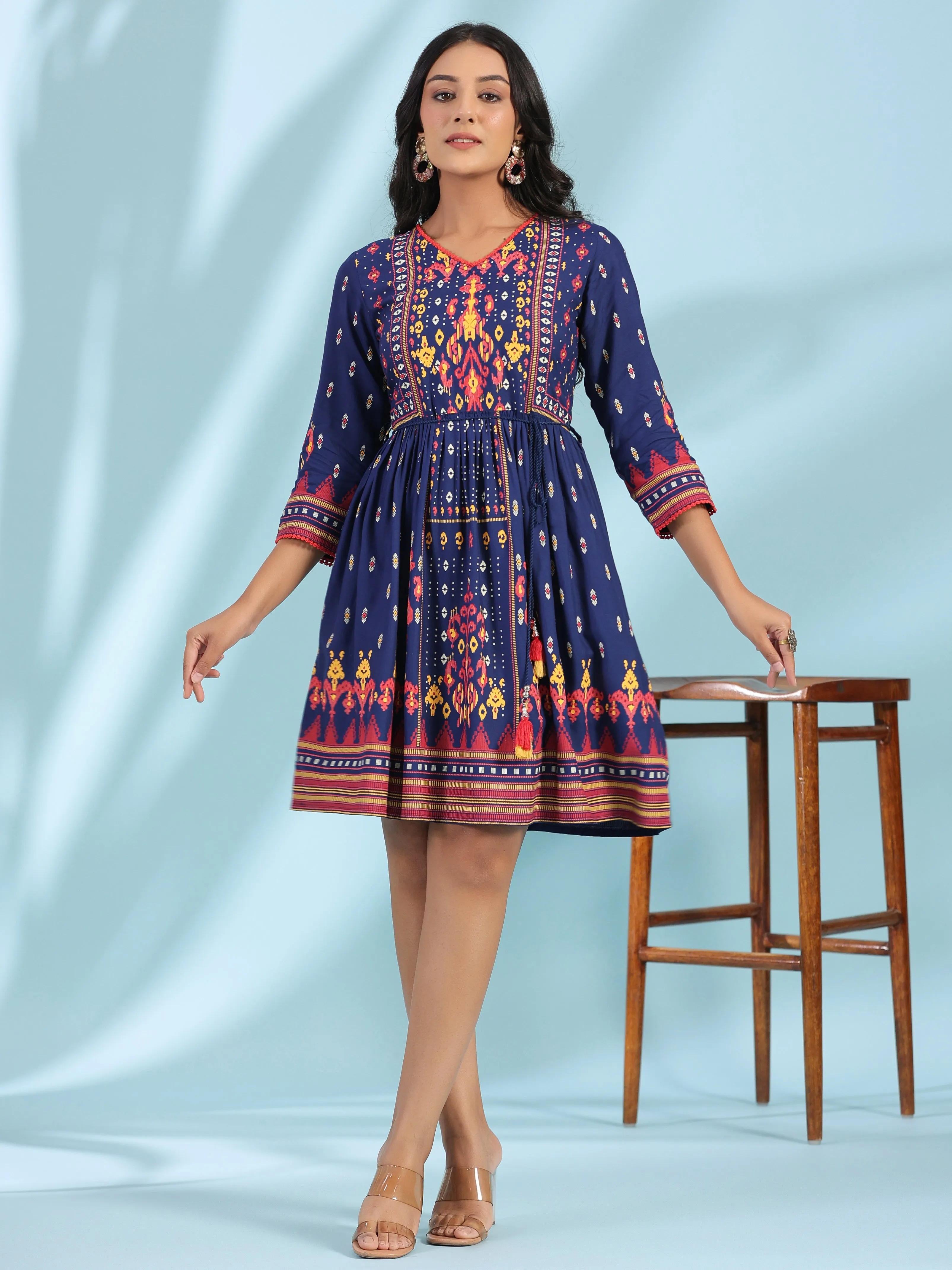 Juniper Navy Blue Rayon Ikat Printed Fit & Flare Lacy Short Dress With Dori Tie-Up At Waist