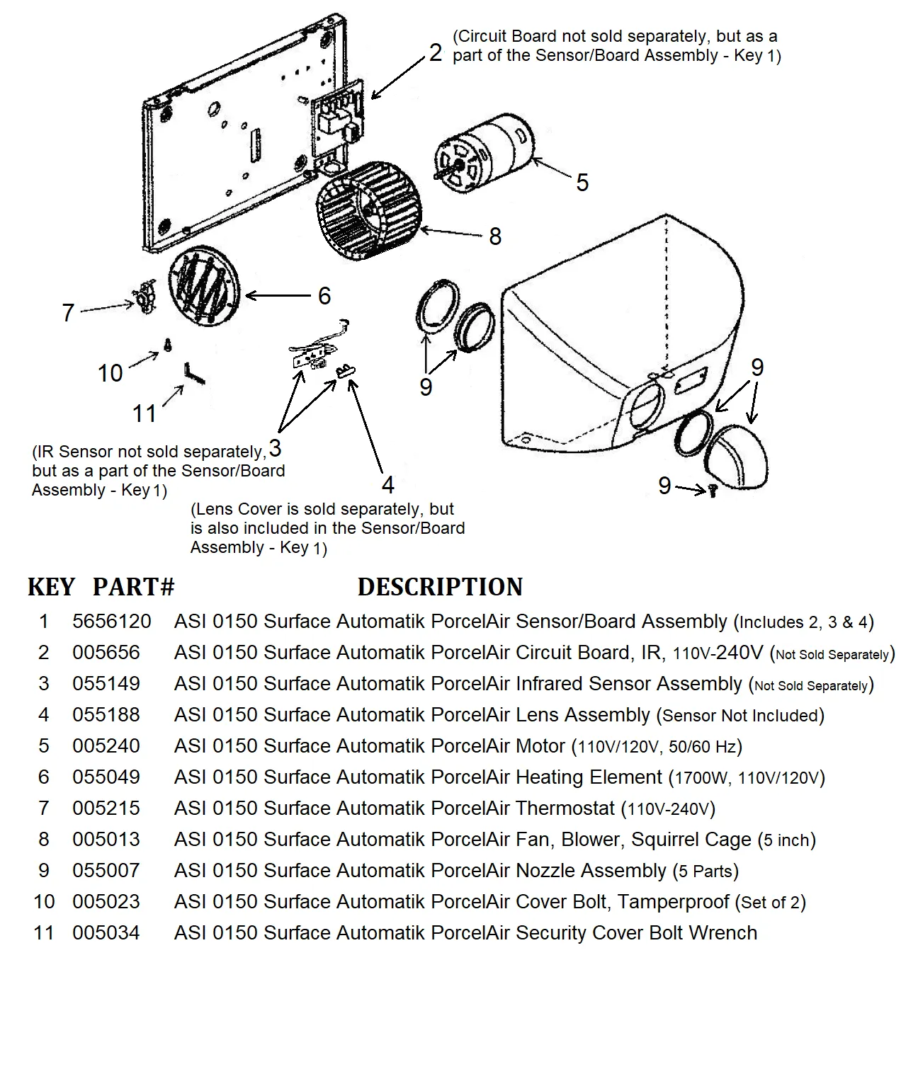 <strong>CLICK HERE FOR PARTS</strong> for the ASI 0150 PORCELAIR (Cast Iron) AUTOMATIK (110V/120V) HAND DRYER