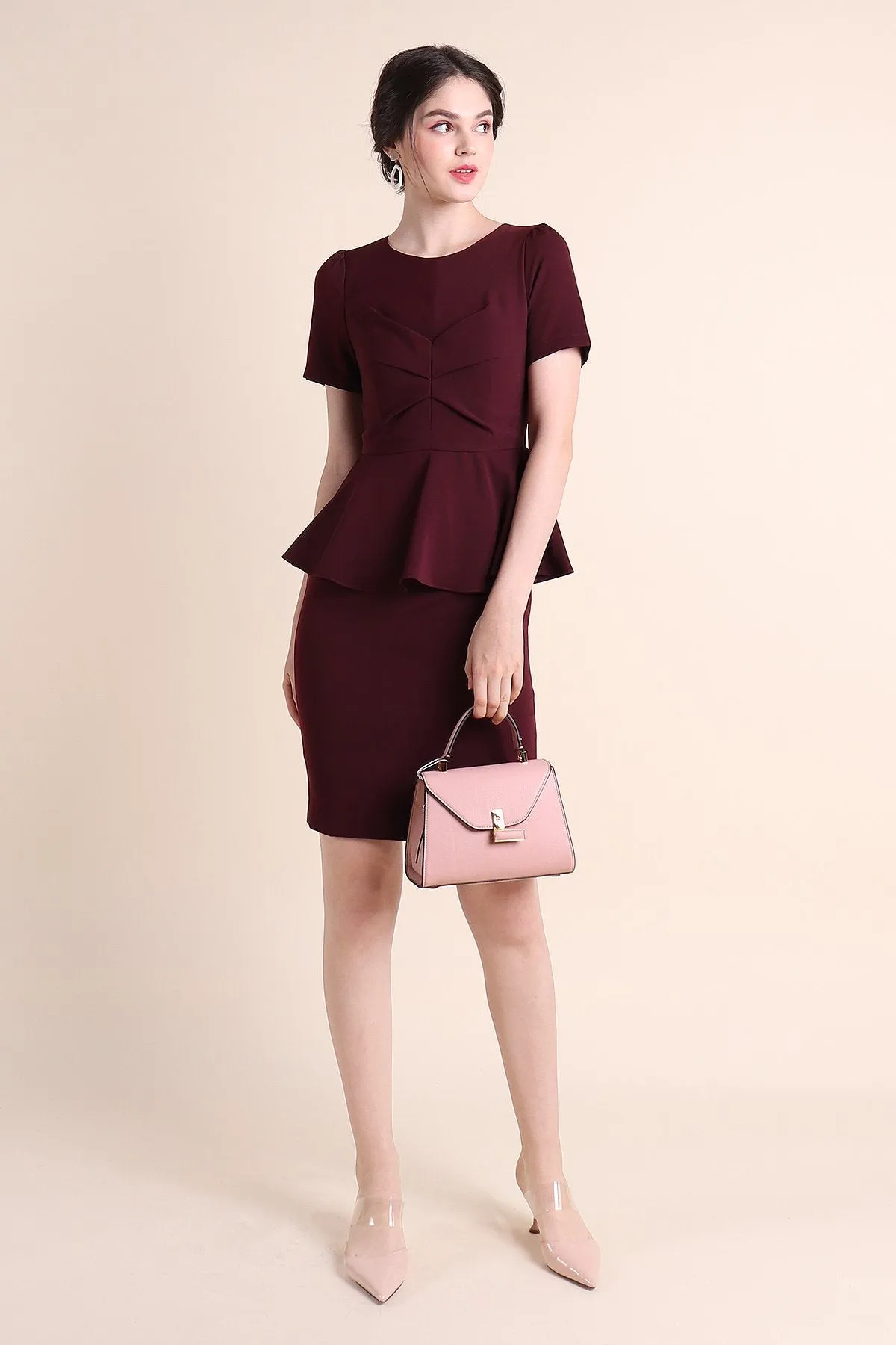 MADEBYNM BRONTE GATHERED PEPLUM FITTED WORK DRESS IN MAROON