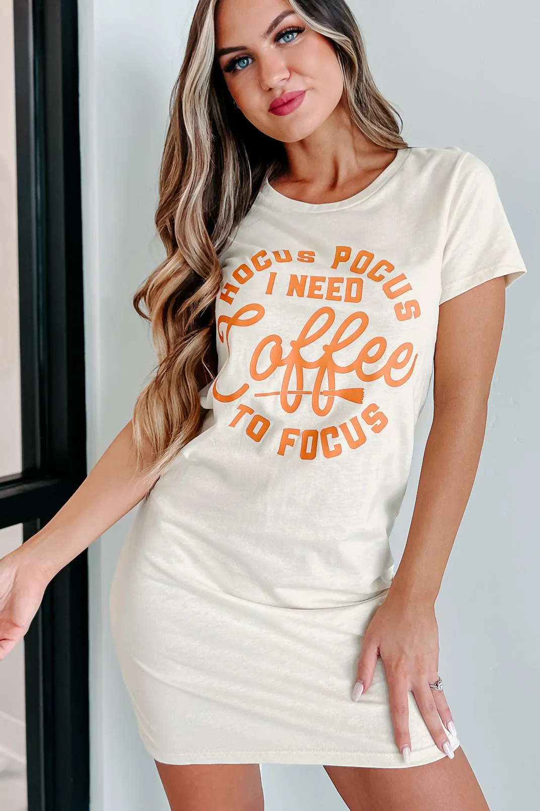 "I Need Coffee To Focus" Graphic T-Shirt Dress (Cream) - Print On Demand