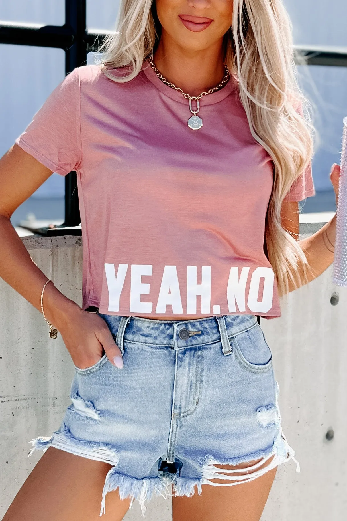 "Yeah. No" Cropped Graphic Tee (Mauve) - Print On Demand