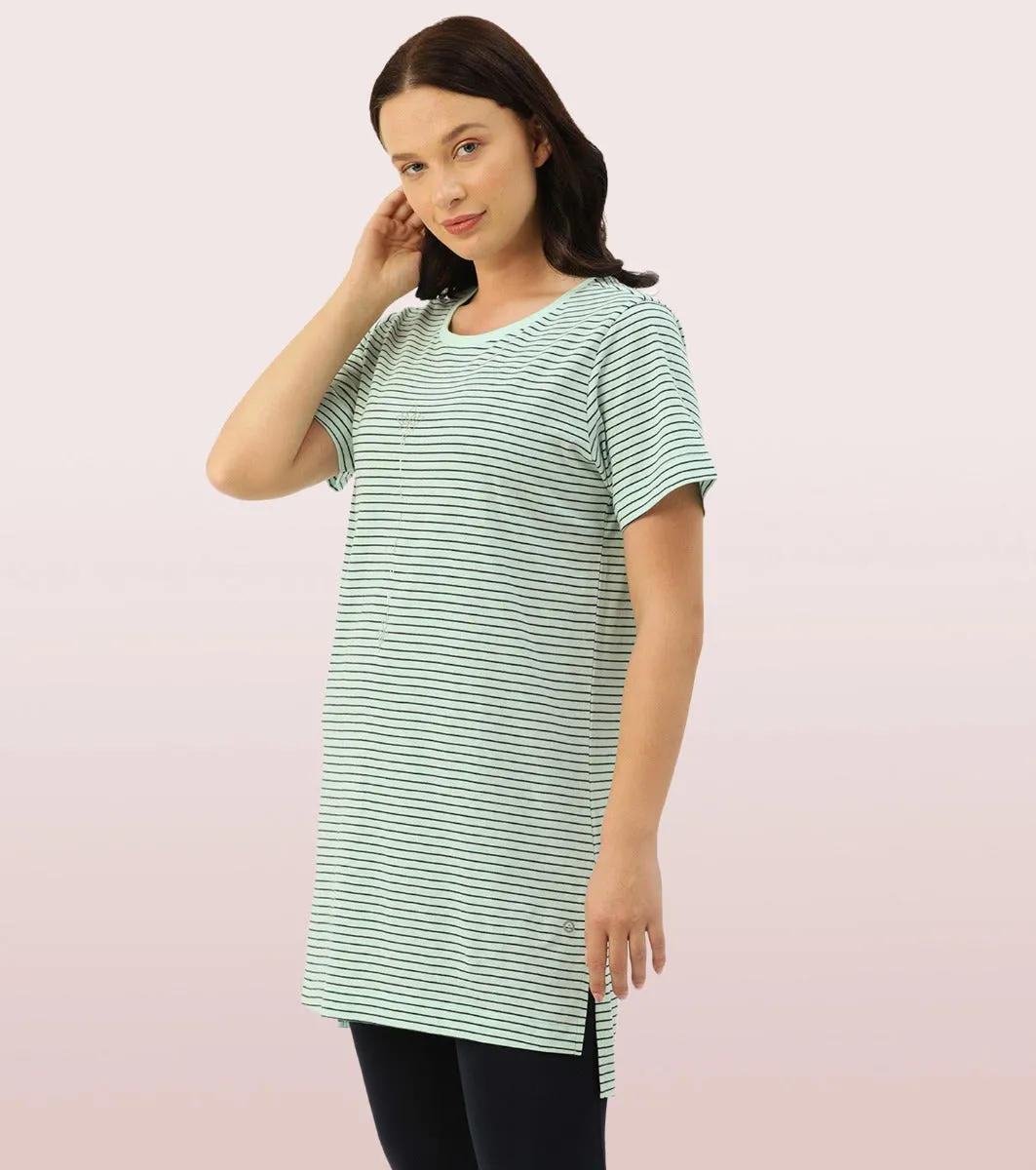 Tunic Tee - Striped | Short Sleeve Tunic Tee With Side Slit & Mindful Graphic