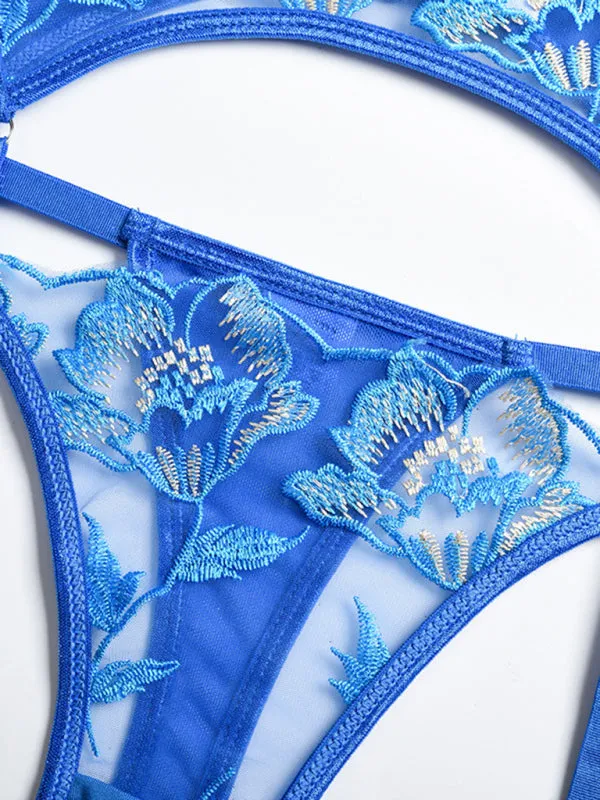 Women's Sexy See Through Blue Floral Lace Lingerie Set Including Garter Belt